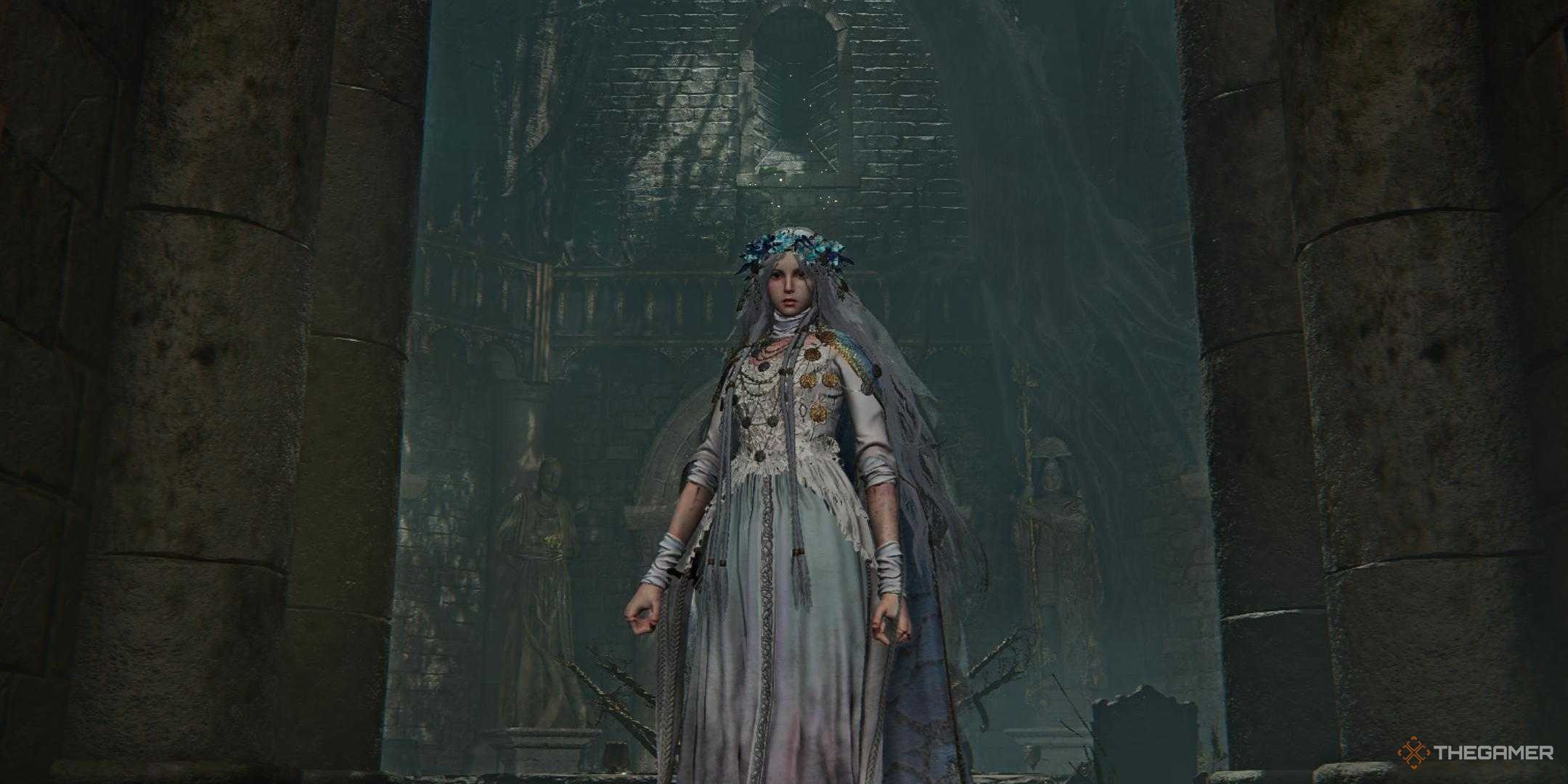 Elden Ring Nightreign screenshot of the Revenant standing in the doorway to the balcony at the Roundtable Hold.