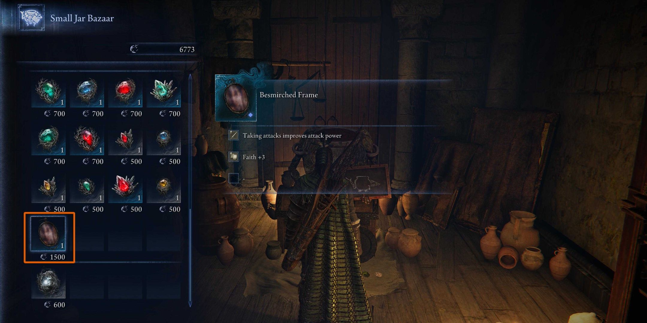 Elden Ring Nightreign store with the Besmirched Frame highlighted with an orange square.