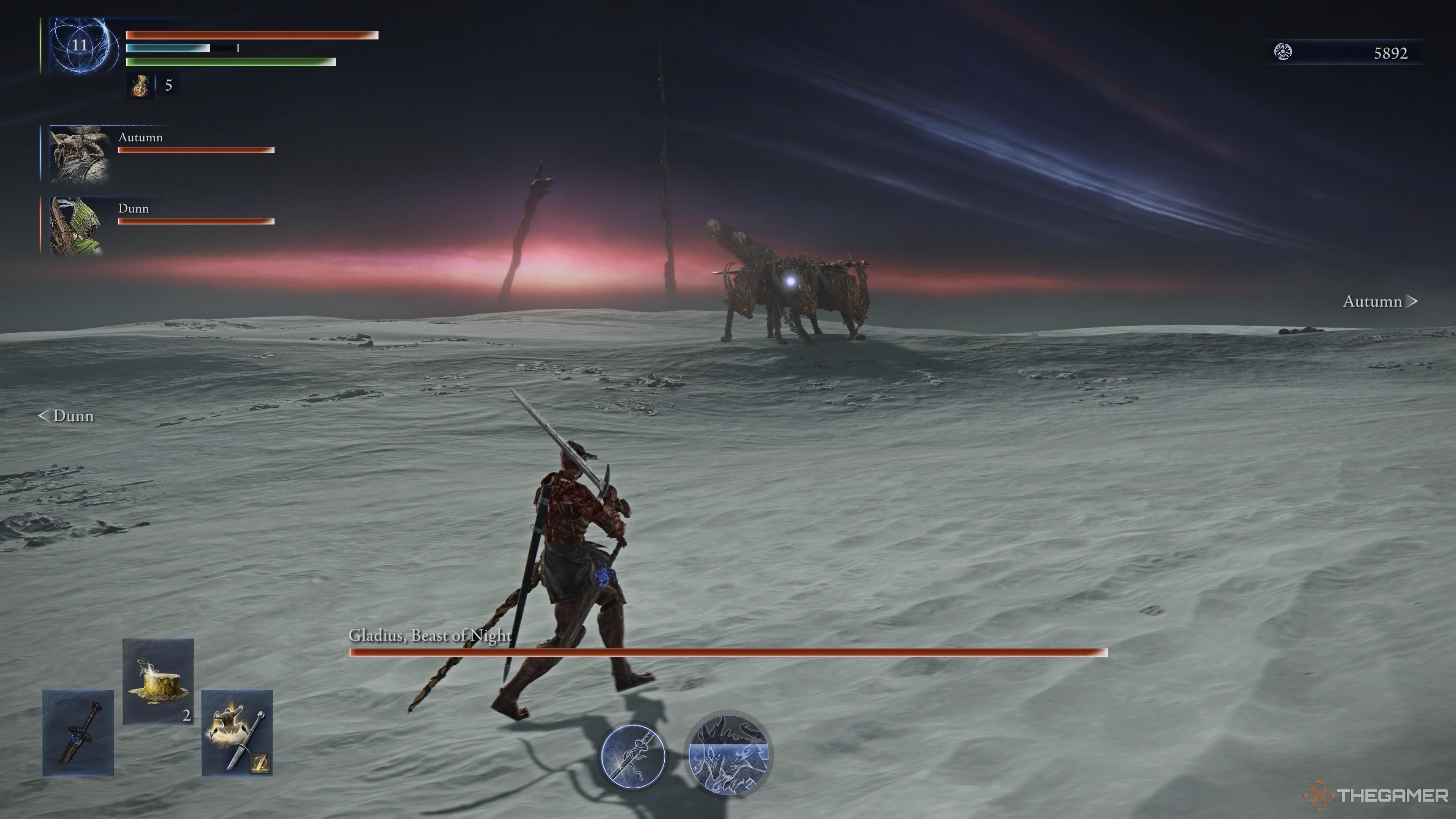 The player in battle against Gladius in elden ring nightreign.