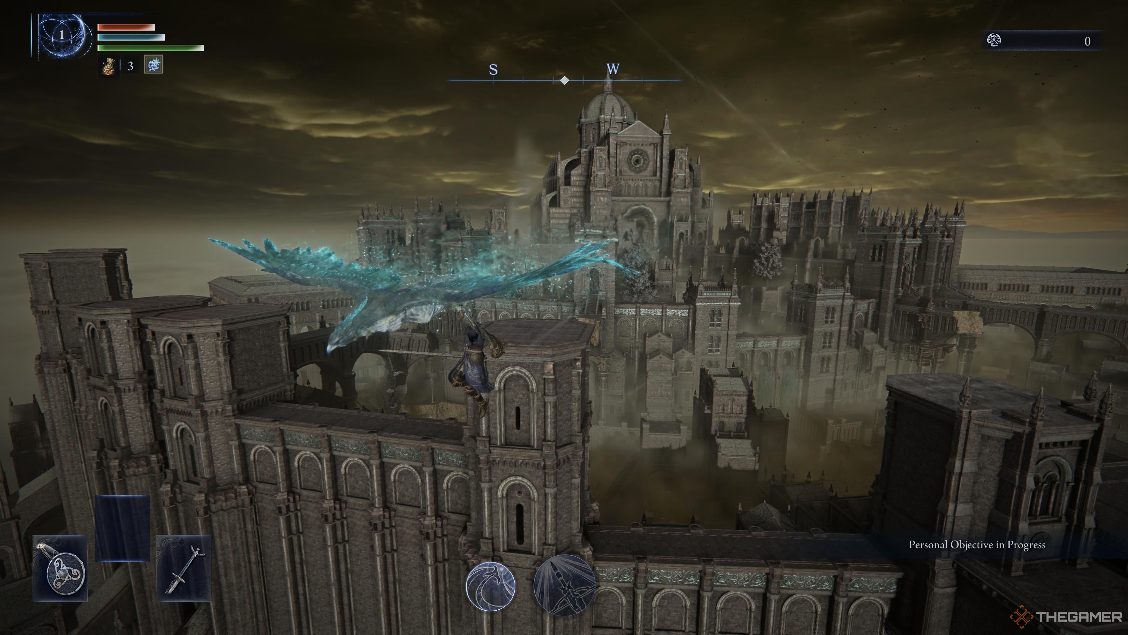 Wylder flying towards an eternal city in elden ring nightreign.