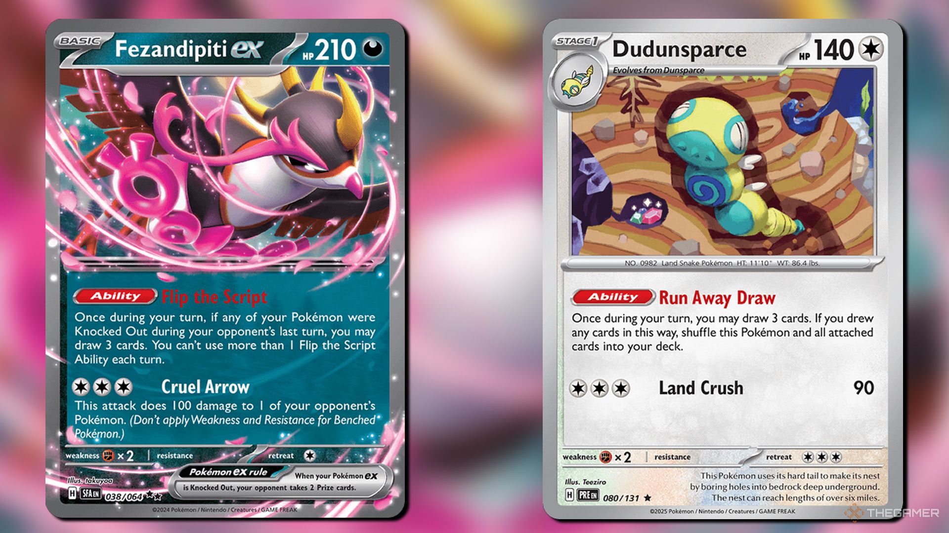 Fezandipiti ex and Dudunsparce cards from Pokemon TCG.
