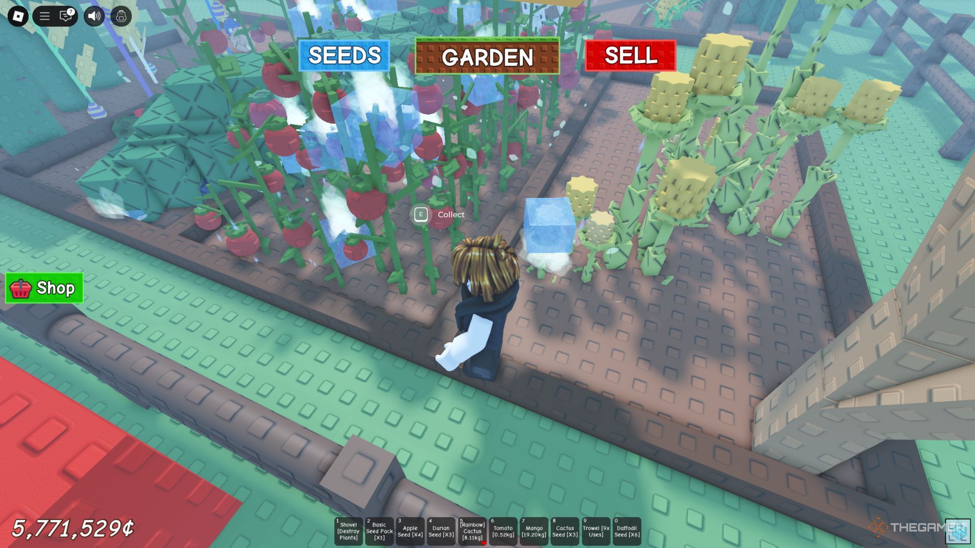 The player character shows his garden during the Frost weather in Grow A Garden.