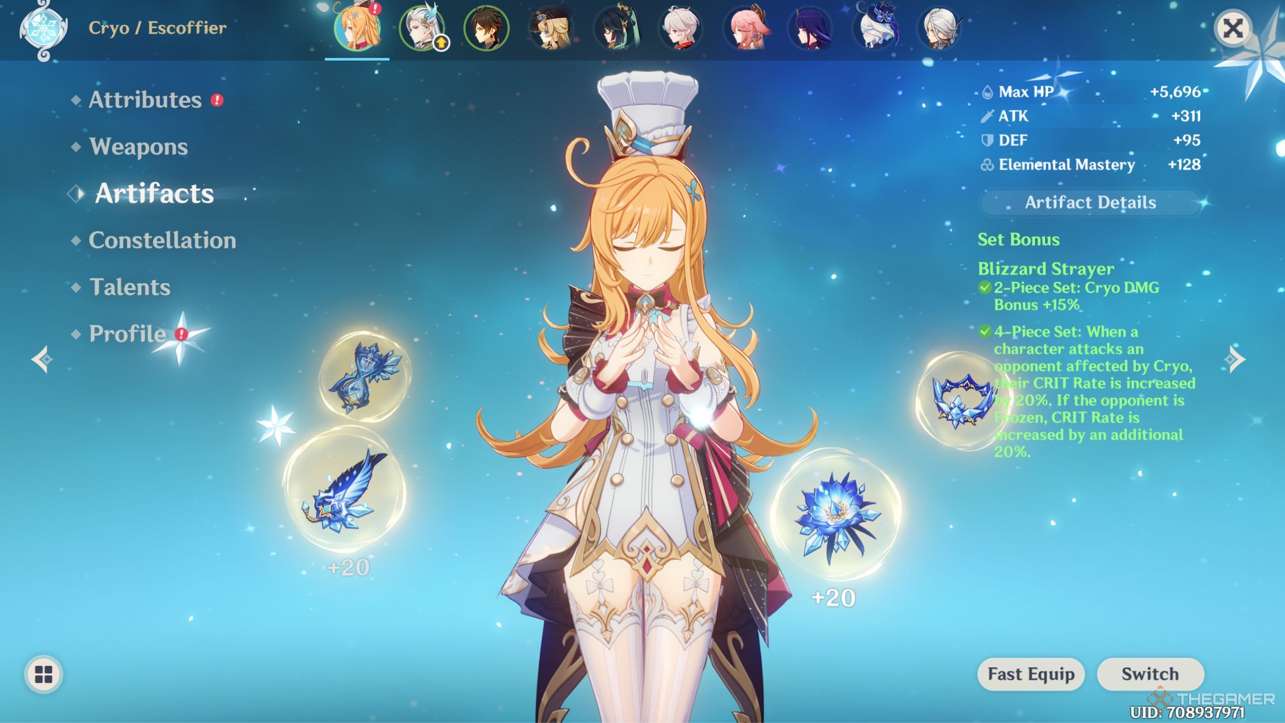 Genshin Impact escoffier artifact screen.