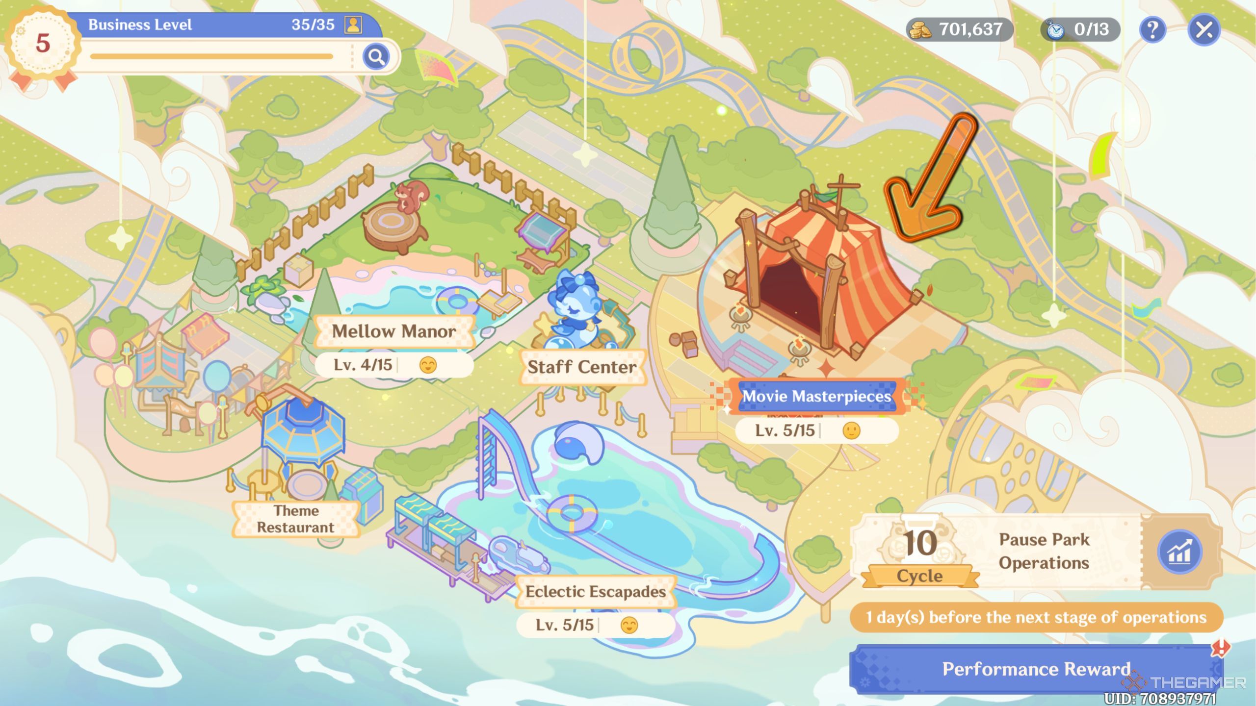 Genshin Impact pointing at an unlocked building in Fantasyland Management.