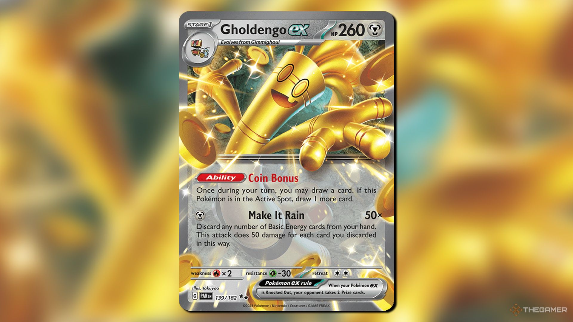 Gholdengo ex from the Prismatic Evolutions set in Pokemon TCG.
