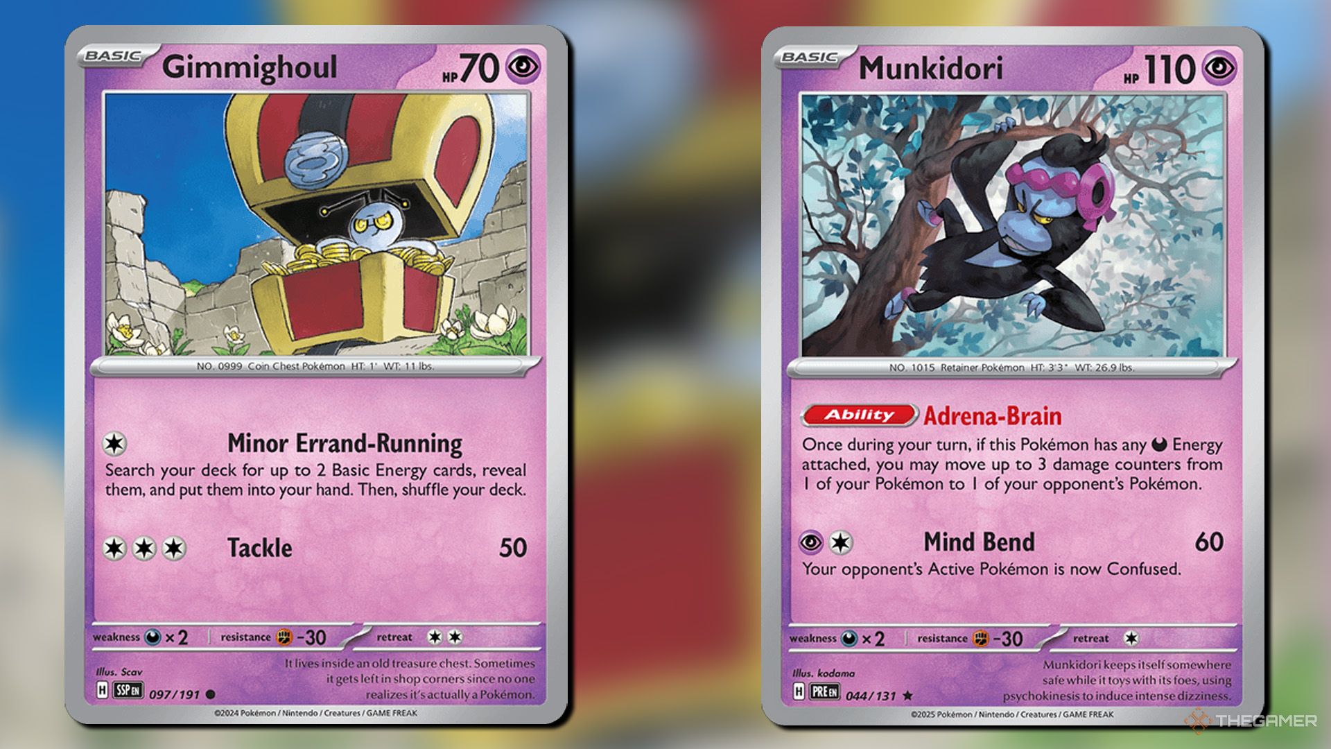 Gimmighoul and Munkidori cards from Pokemon TCG.