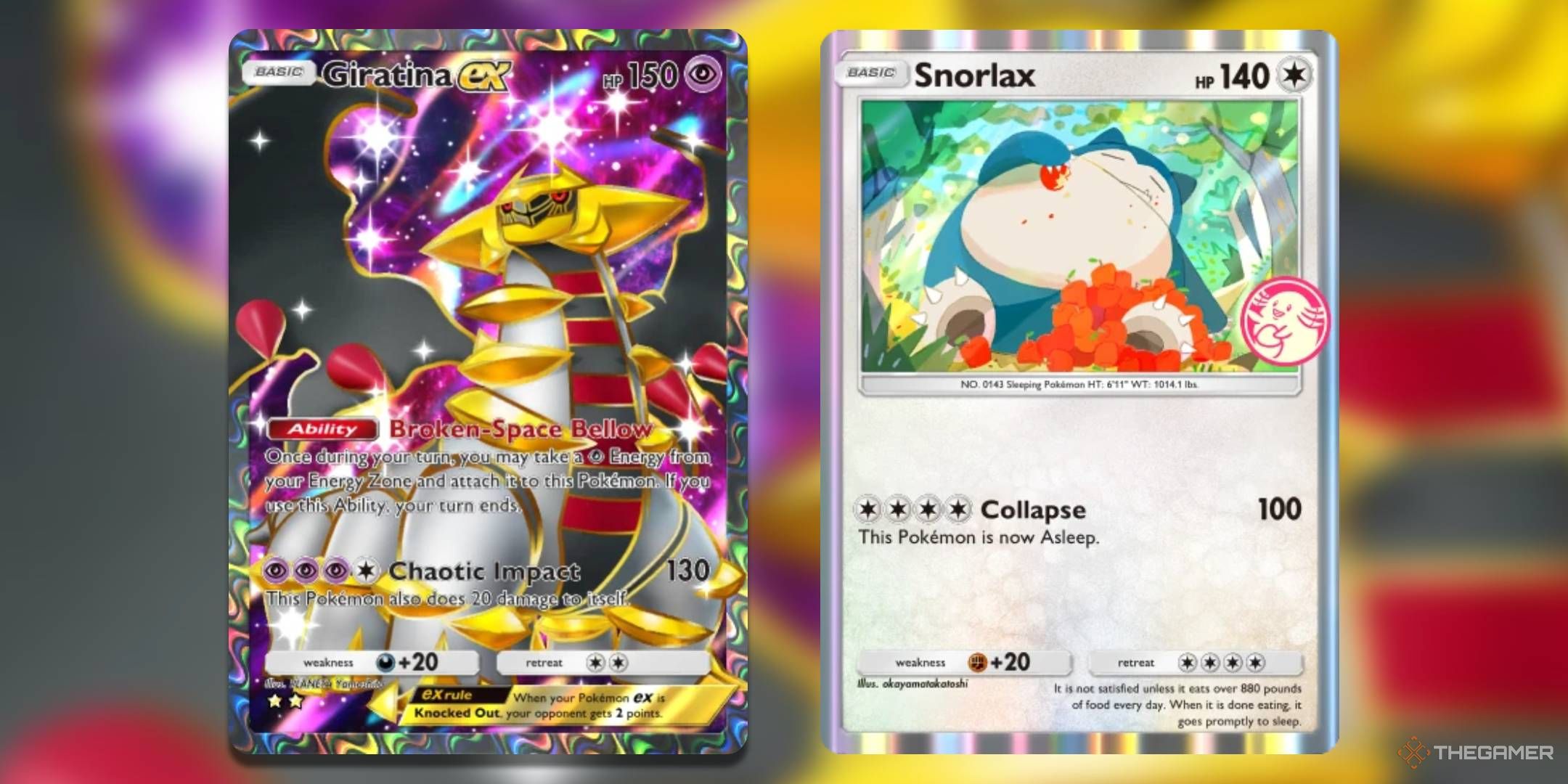 The Giratina ex immersive rare and Snorlax promo, from Pokemon TCG Pocket.