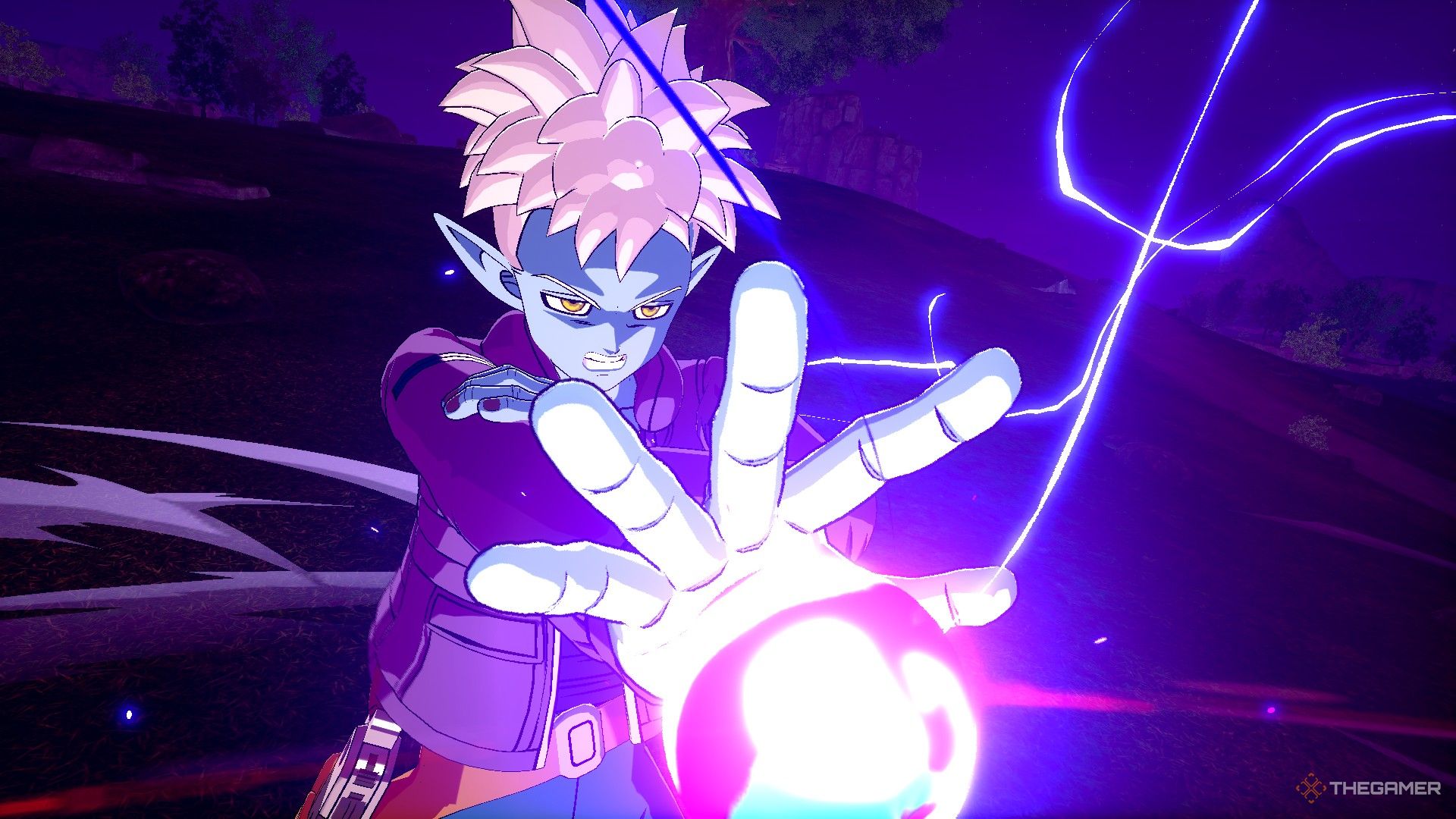Глорио направляет электрический энергетический взрыв вперед в Dragon Ball Sparking Zero.
