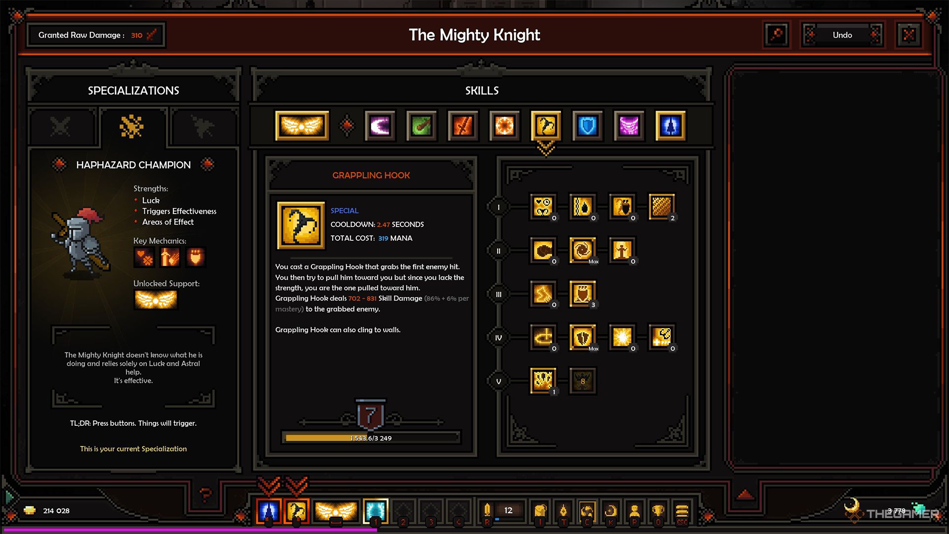 The Mastery upgrade tab for Grappling Hook in The Slormancer.