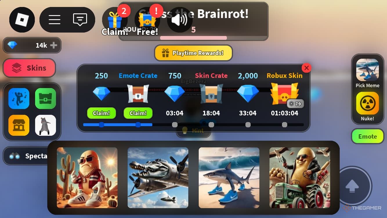 Playtime rewards window in Guess Italian Brainrot or Die.