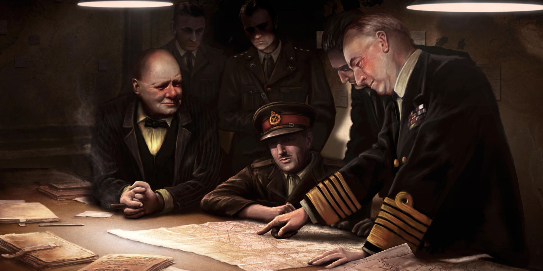 allied leaders look over a strategic map in a dimly-lit bunker on the loading screen for hearts of iron 4.