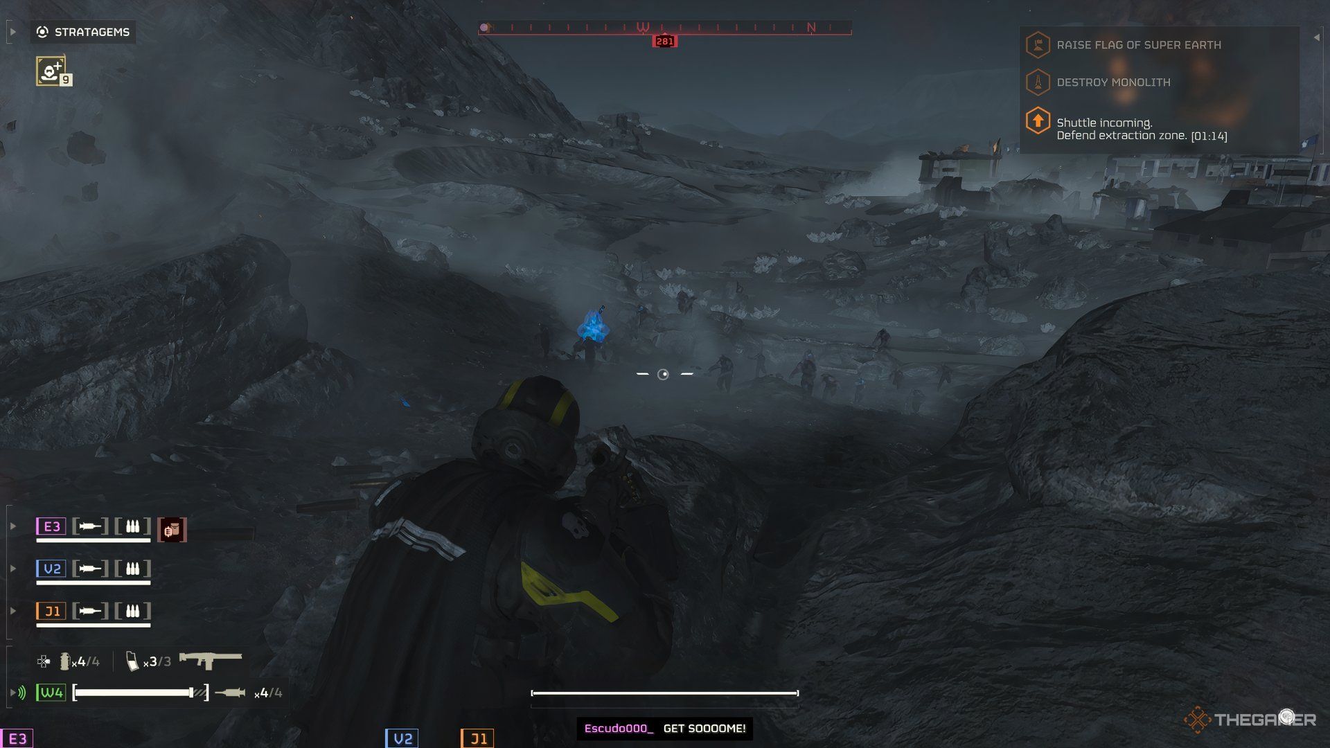 Player looks onward at enemies as they approach him in Helldivers 2. 