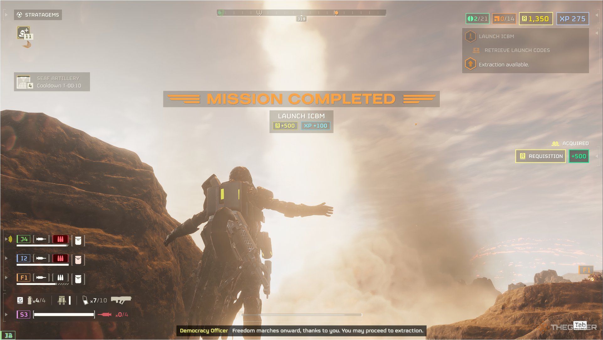 HELLDIVERS 2 Mission accomplished displayed across the screen while a Helldiver embraces it.