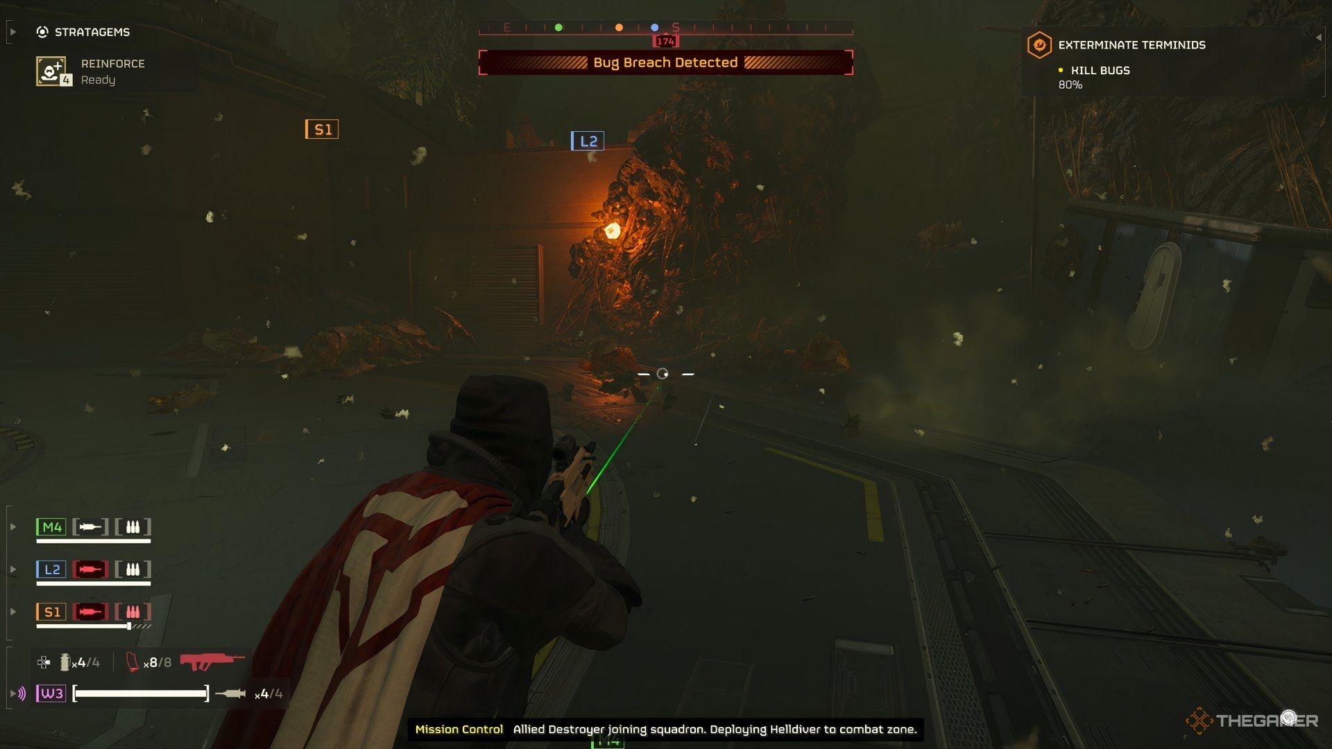 Player shooting aliens in the distance in Helldivers 2. There is an orange light coming out from a substance infront of the player. 