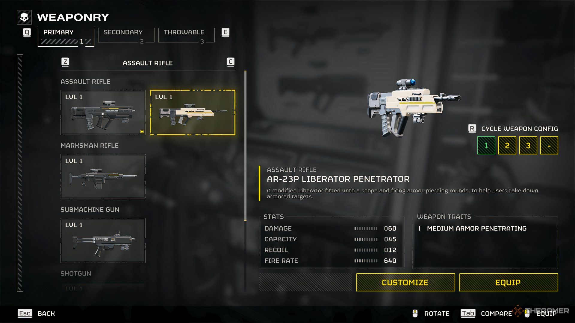 The AR-23P selected in the primary weapon section in Helldivers 2.
