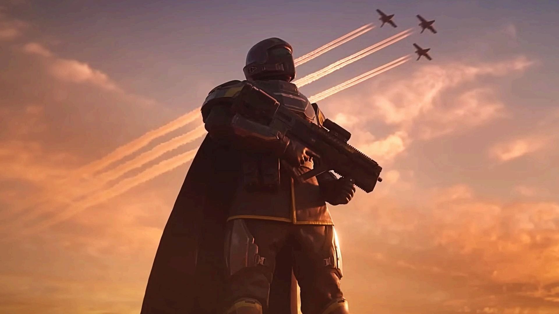 A proud soldier armed with a weapon gazes upward, while three aerial units streak through the sky behind him in Helldivers 2.