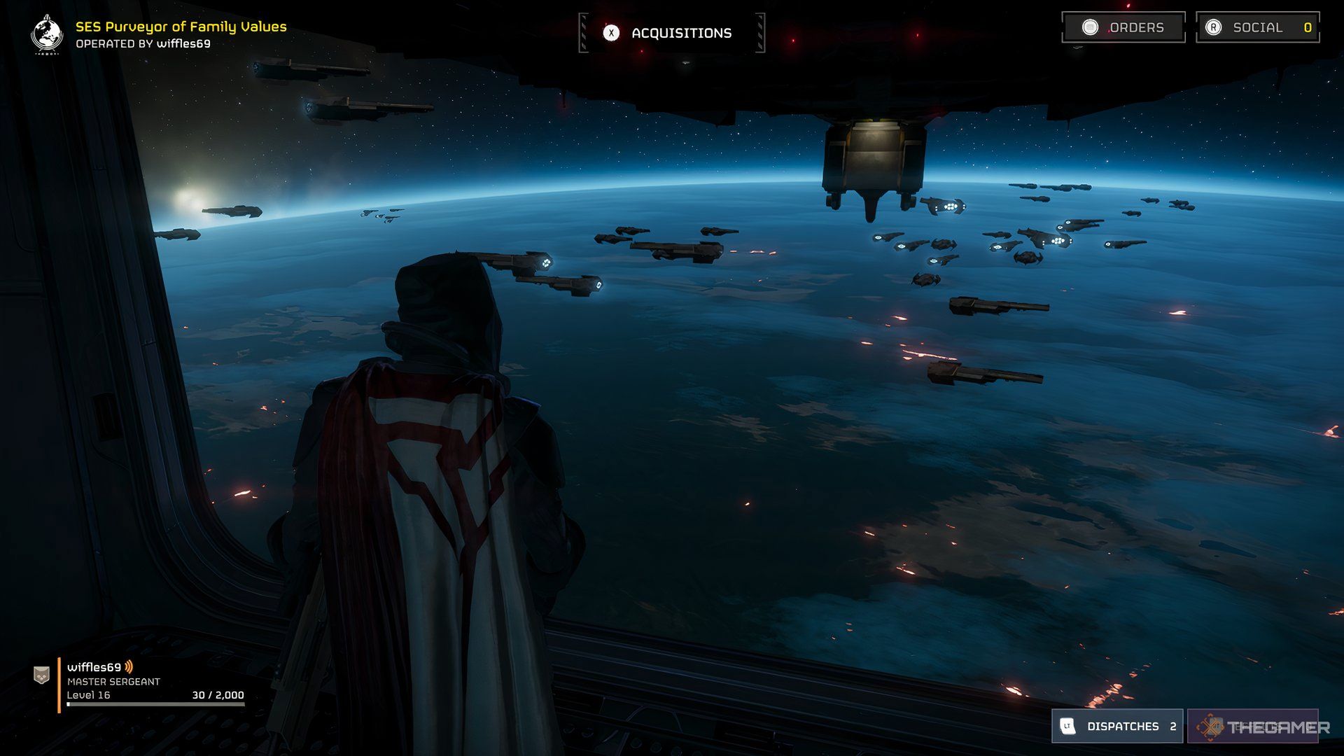 Player looking out of their ship in Helldivers 2. In the distance, there are other ships floating above a blue planet. 