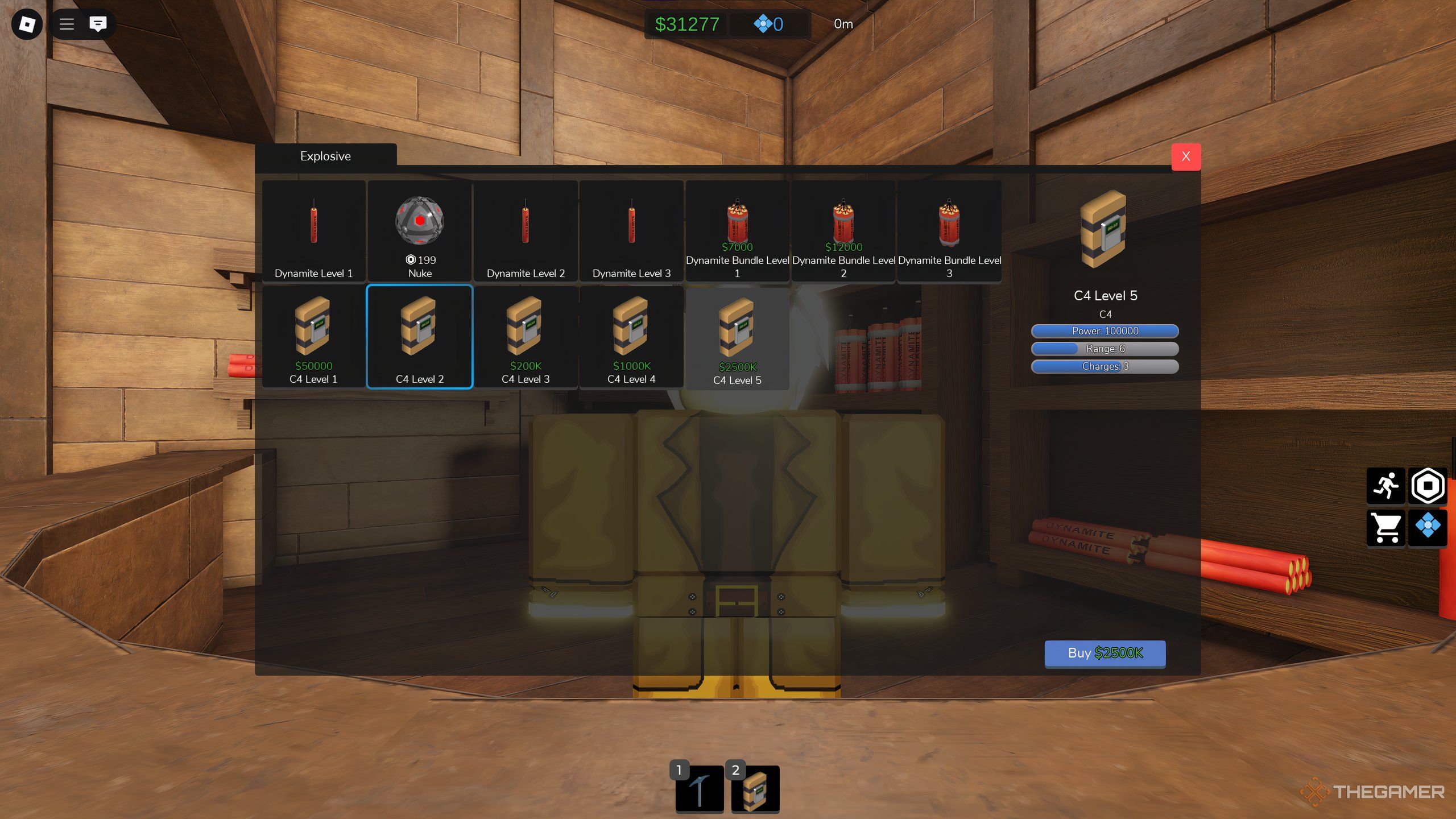 Explosives, viewed in the Explosive Store, and their stats visible on the right in Ultimate Mining Tycoon on Roblox.