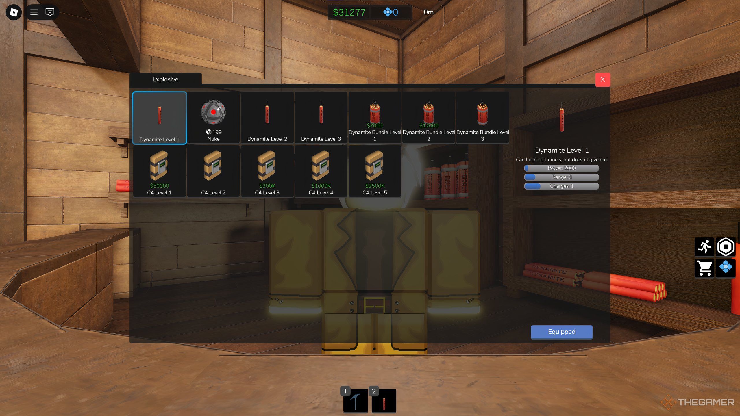 Stick of Dynamte, Level One, as viewed from the Explosives Store in Ultimate Mining Tycoon on Roblox.