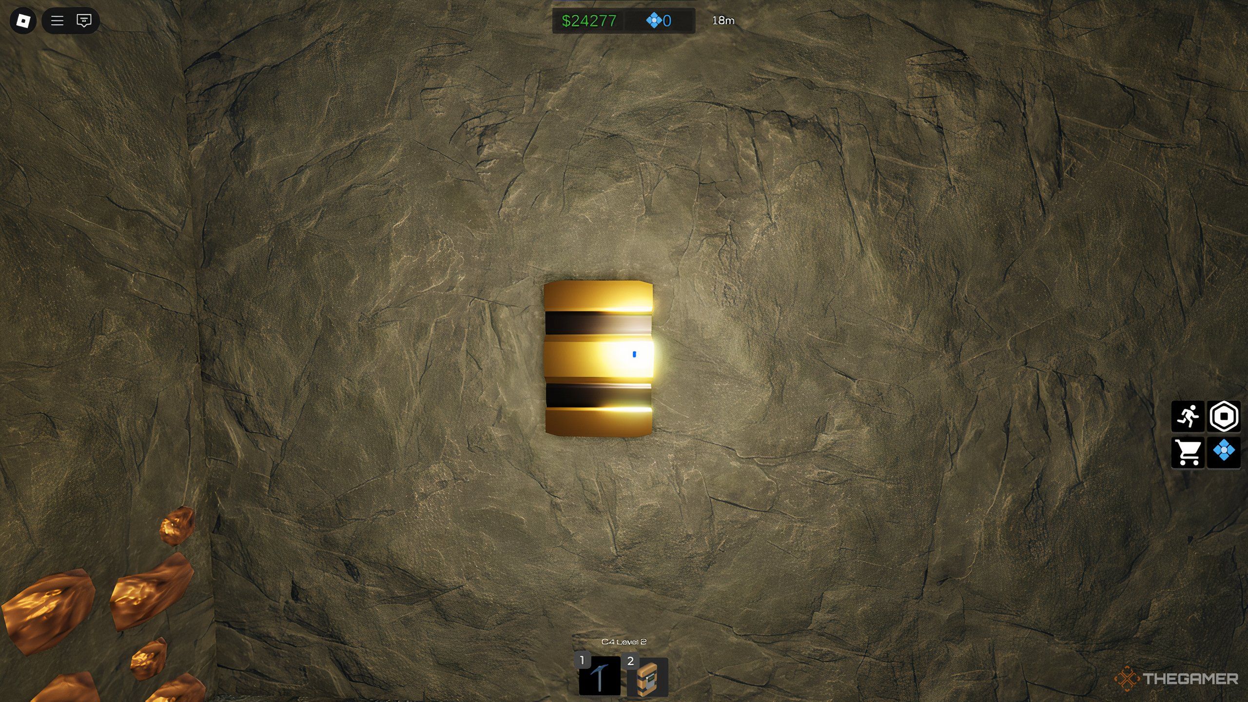The C4, placed on a wall in the mines of Ultimate Mining Simulator on Roblox.