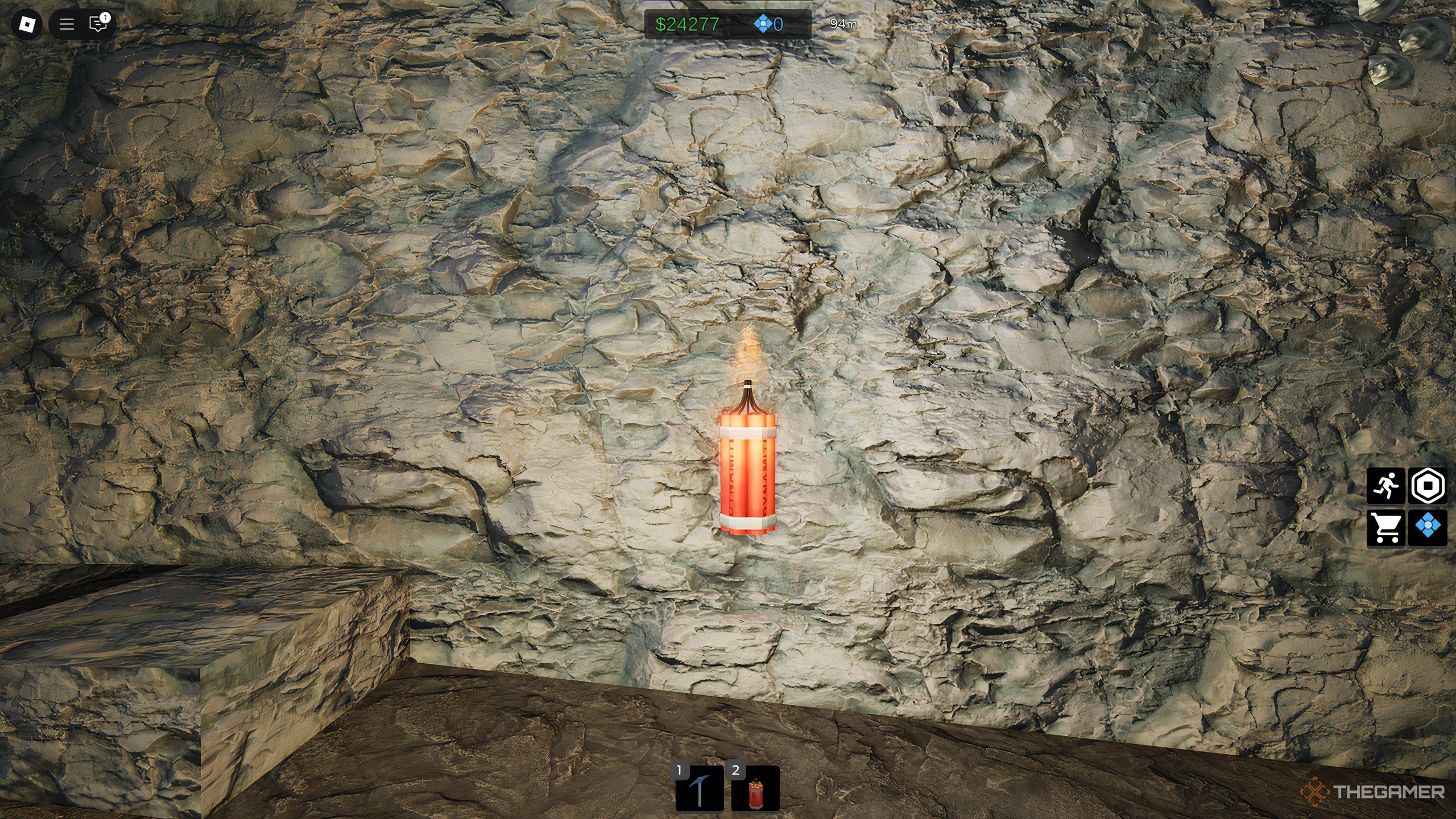 An explosive, specifically a Bundle of Dynamites, on the wall of the mines in Ultimate Mining Tycoon on Roblox.