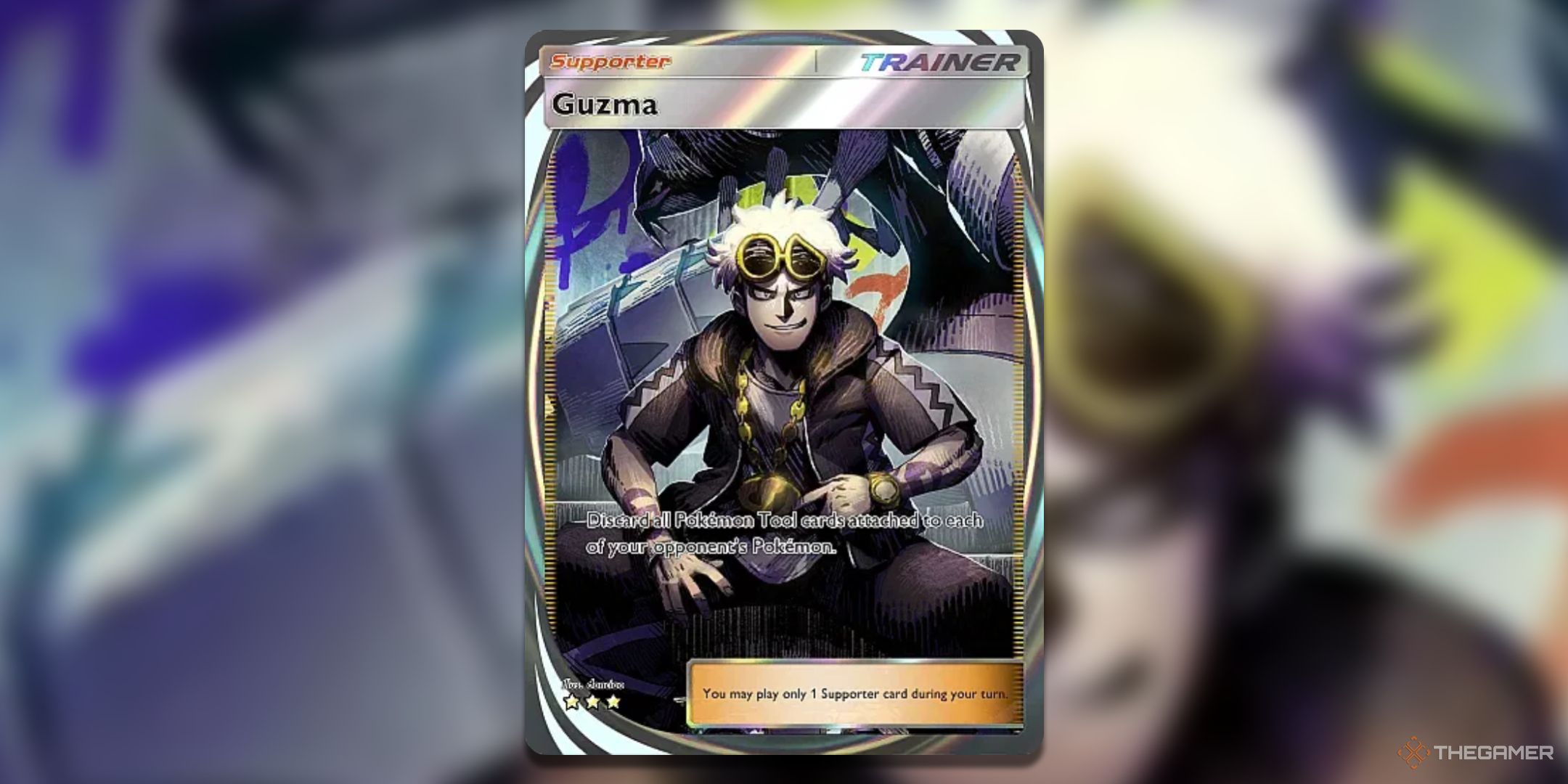 Immersive Rare Guzma Pokemon TCG Pocket Celestial Guardians card art.