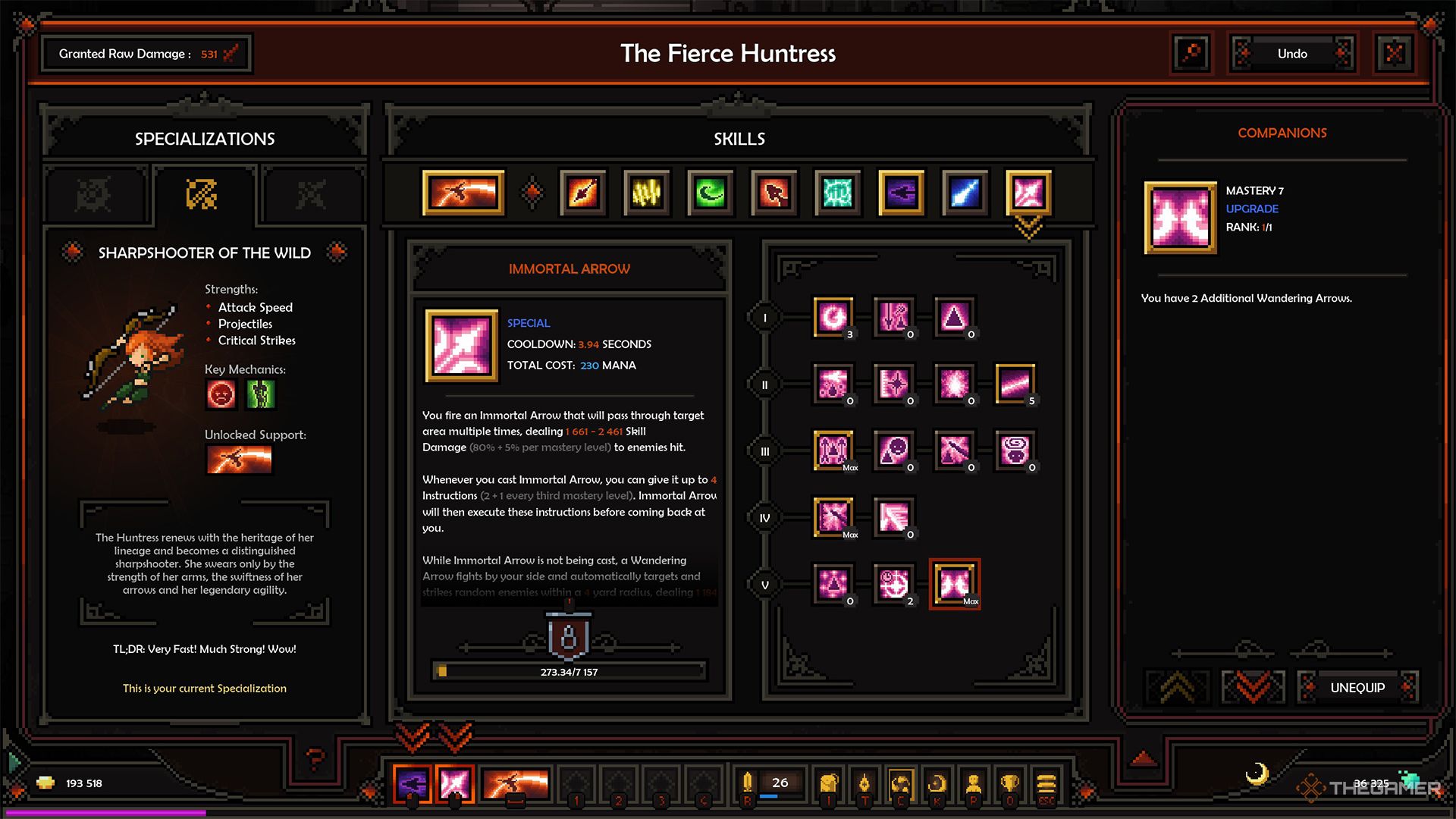 The Immortal Arrow Mastery tab in The Slormancer.
