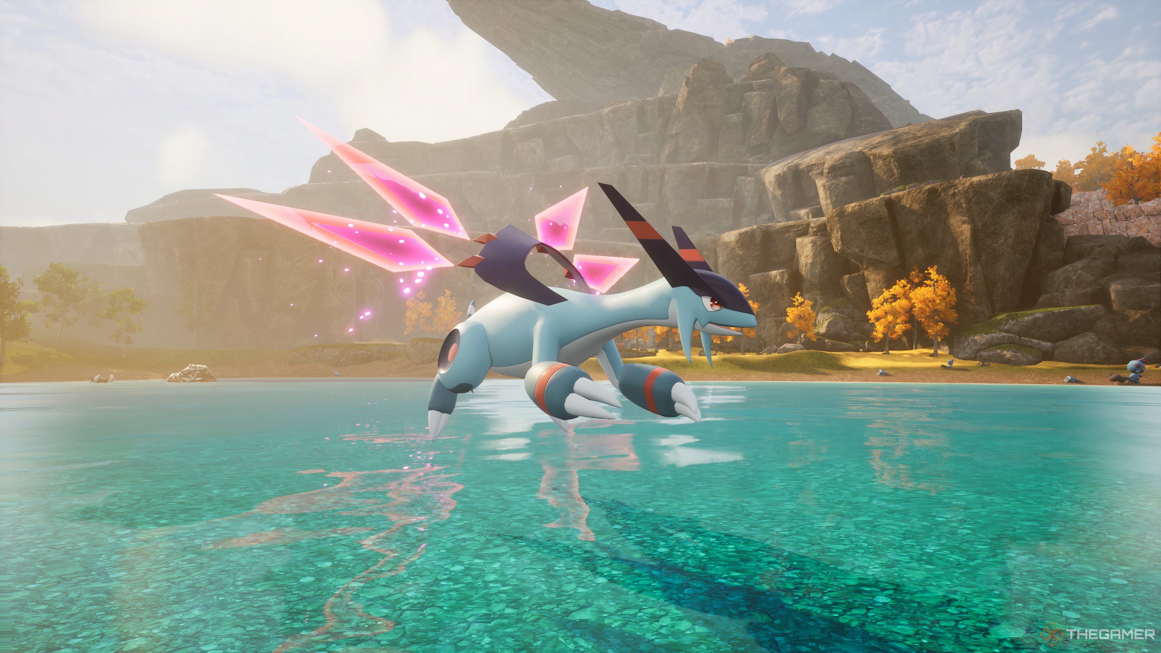 Jet Dragon hovering over a shallow lake in Palworld.