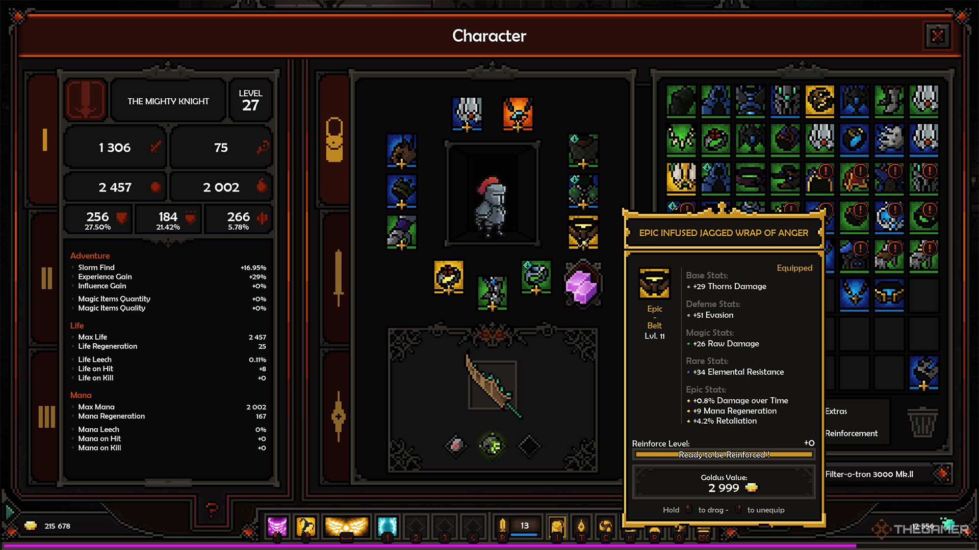 A piece of rare gear equipped on a Knight in The Slormancer.