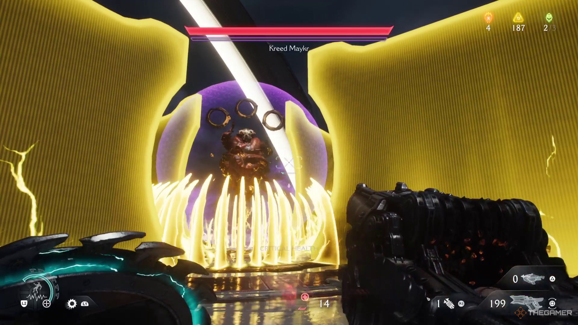 Kreed Maykr fires yellow walls and spike attacks at the player in Doom: The Dark Ages. 