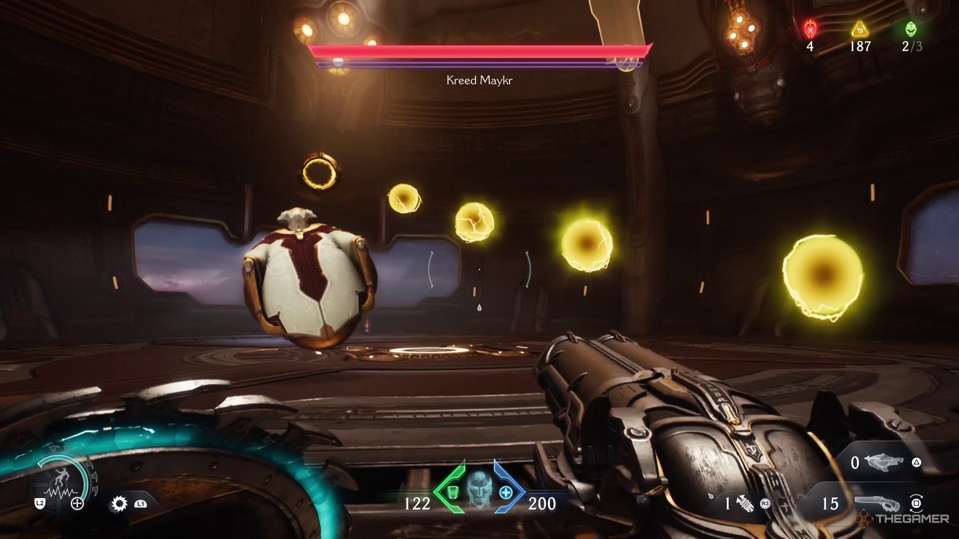 The Kreed Maykr fires yellow projectiles at the player in Doom: The Dark Ages.
