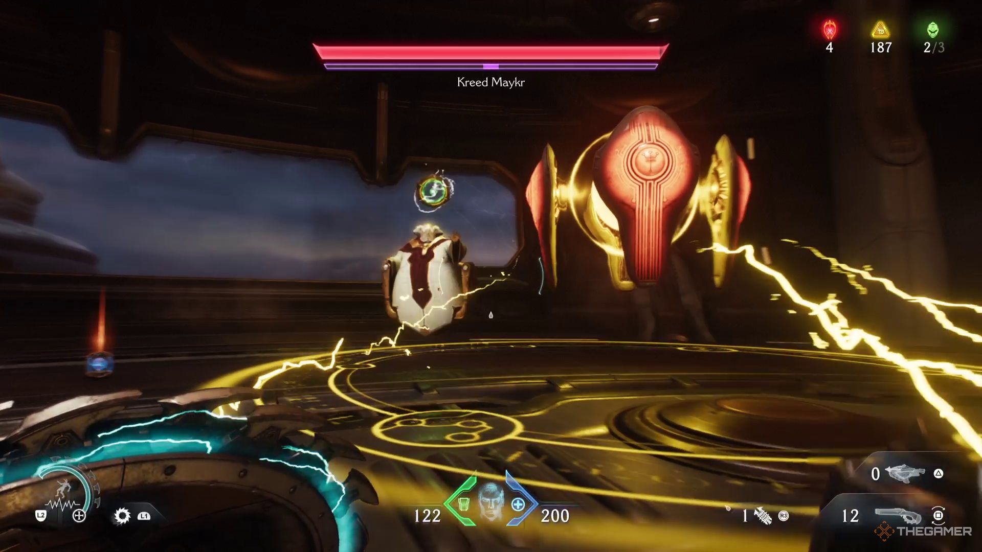 Kreed Maykr summons a barrier to protect himself in Doom: The Dark Ages. 