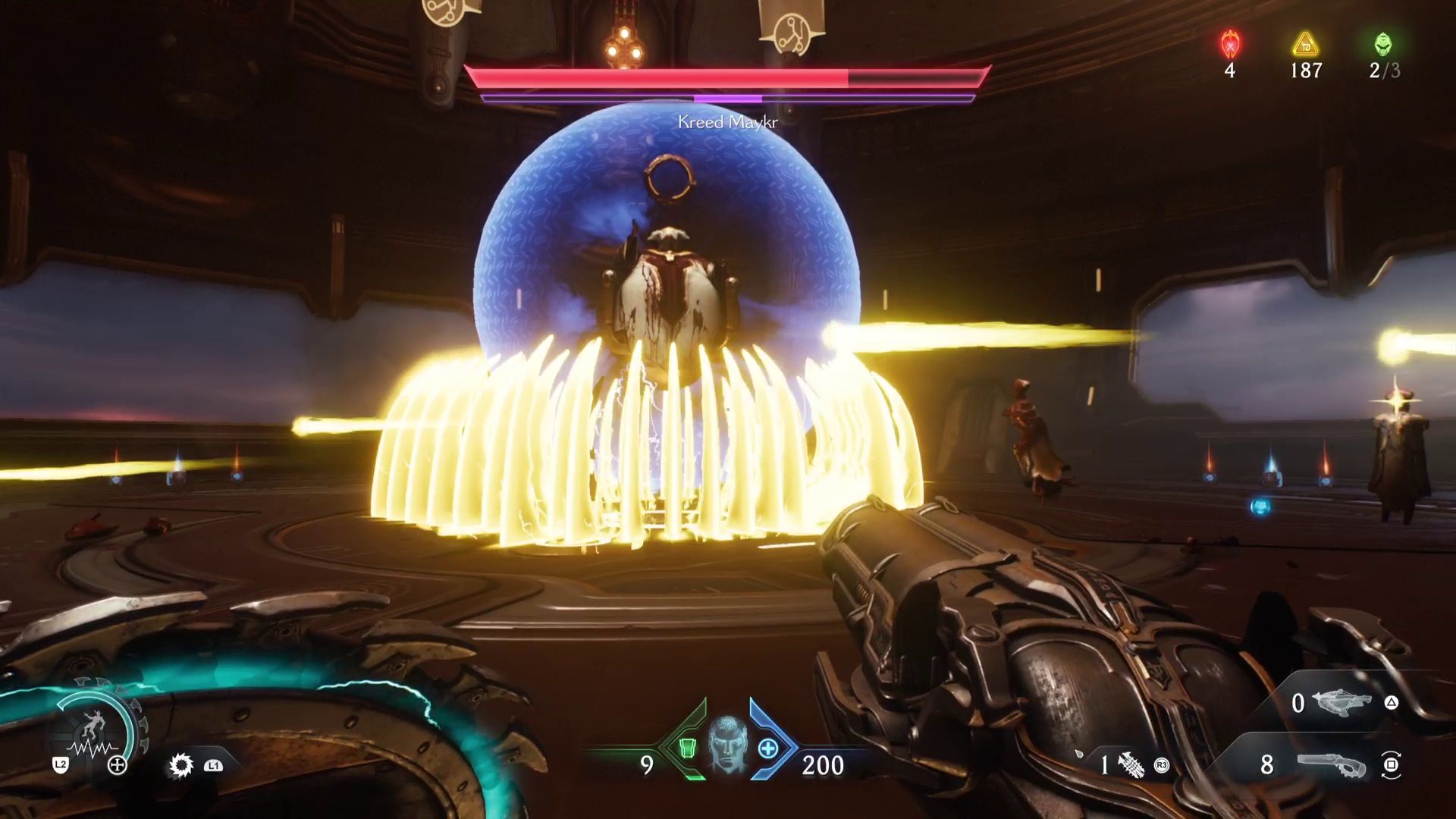 Kreed Maykr fires yellow spikes at the player while protected by a shield in Doom: The Dark Ages.