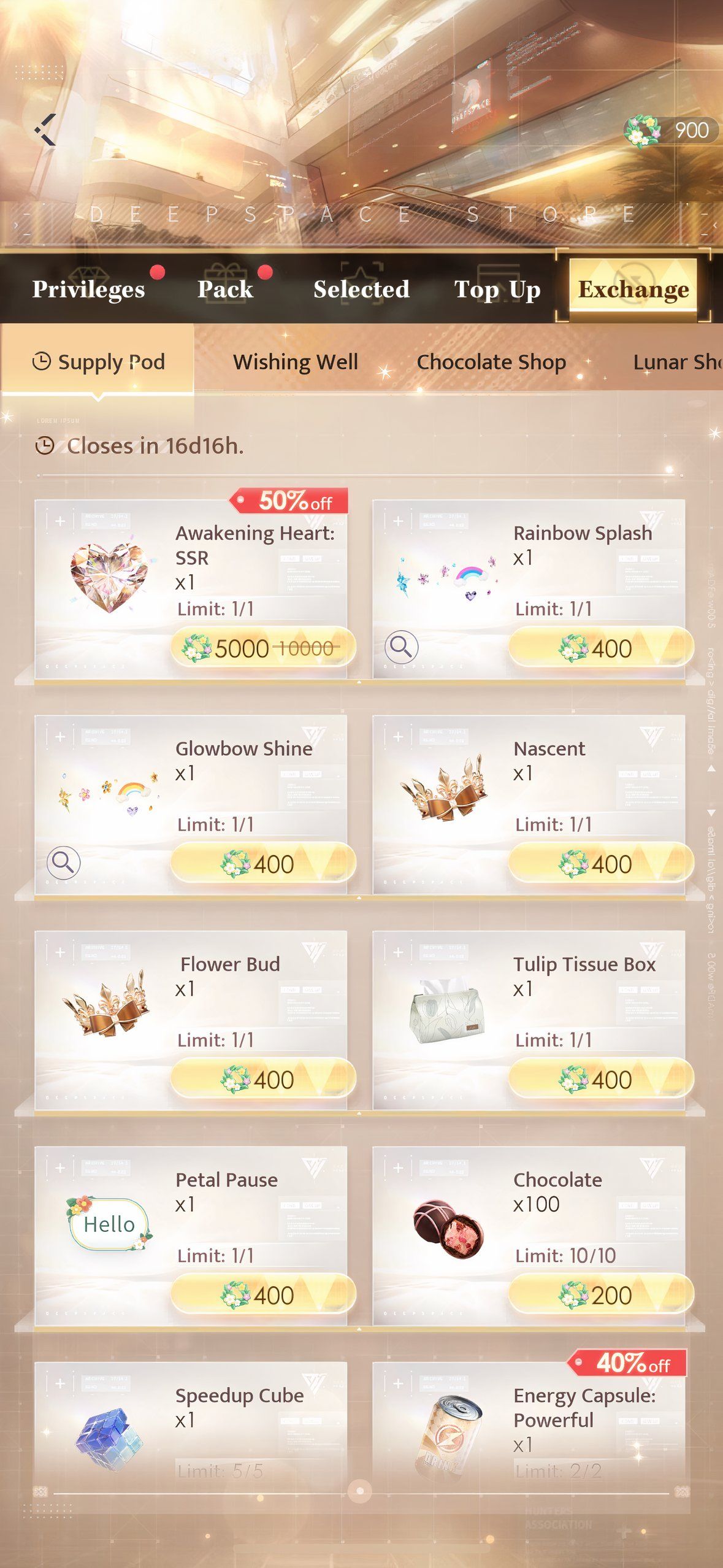 Love And Deepspace: Some items offered in the Supply Pod.