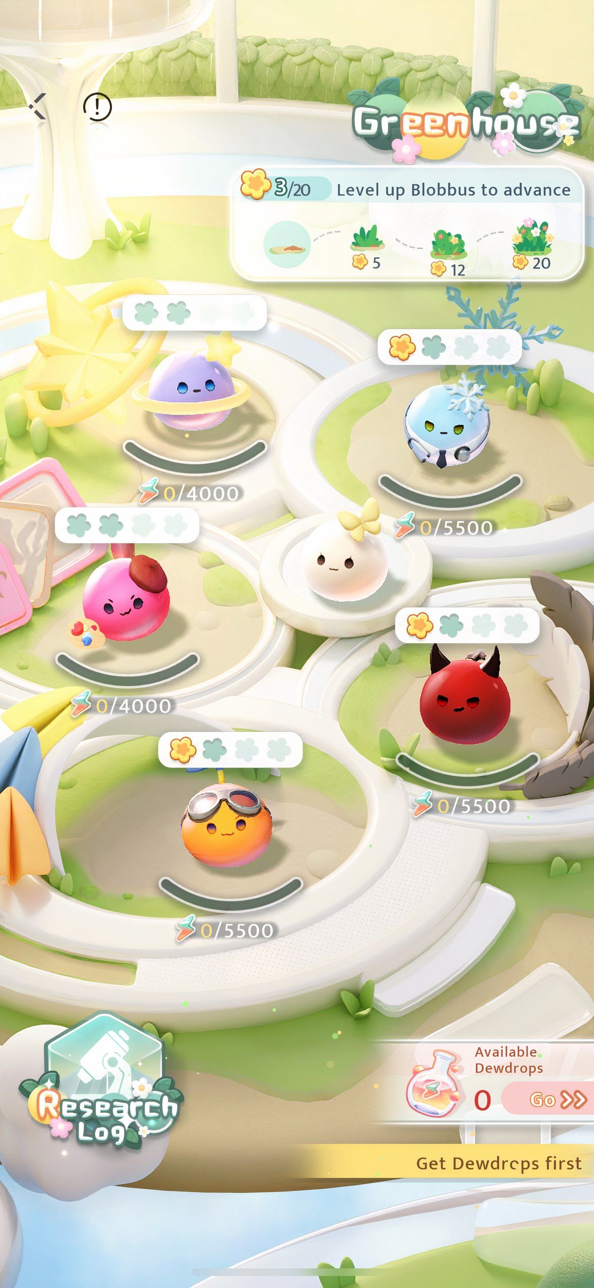 Love And Deepspace: The Greenhouse menu with a few upgraded Blobbus. 