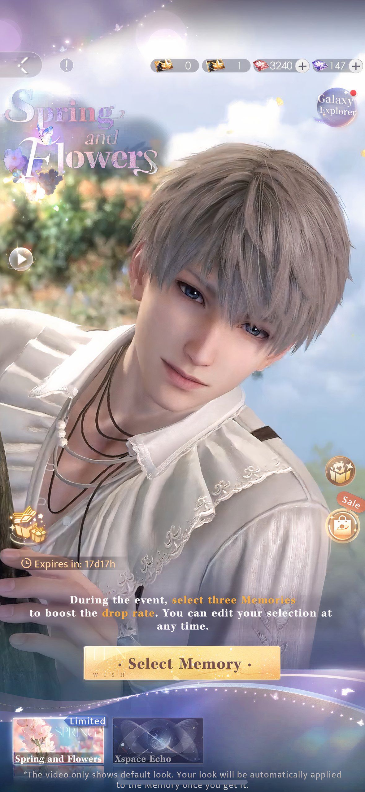 Love And Deepspace: Xavier looks into the camera from the Spring and Flowers event menu.