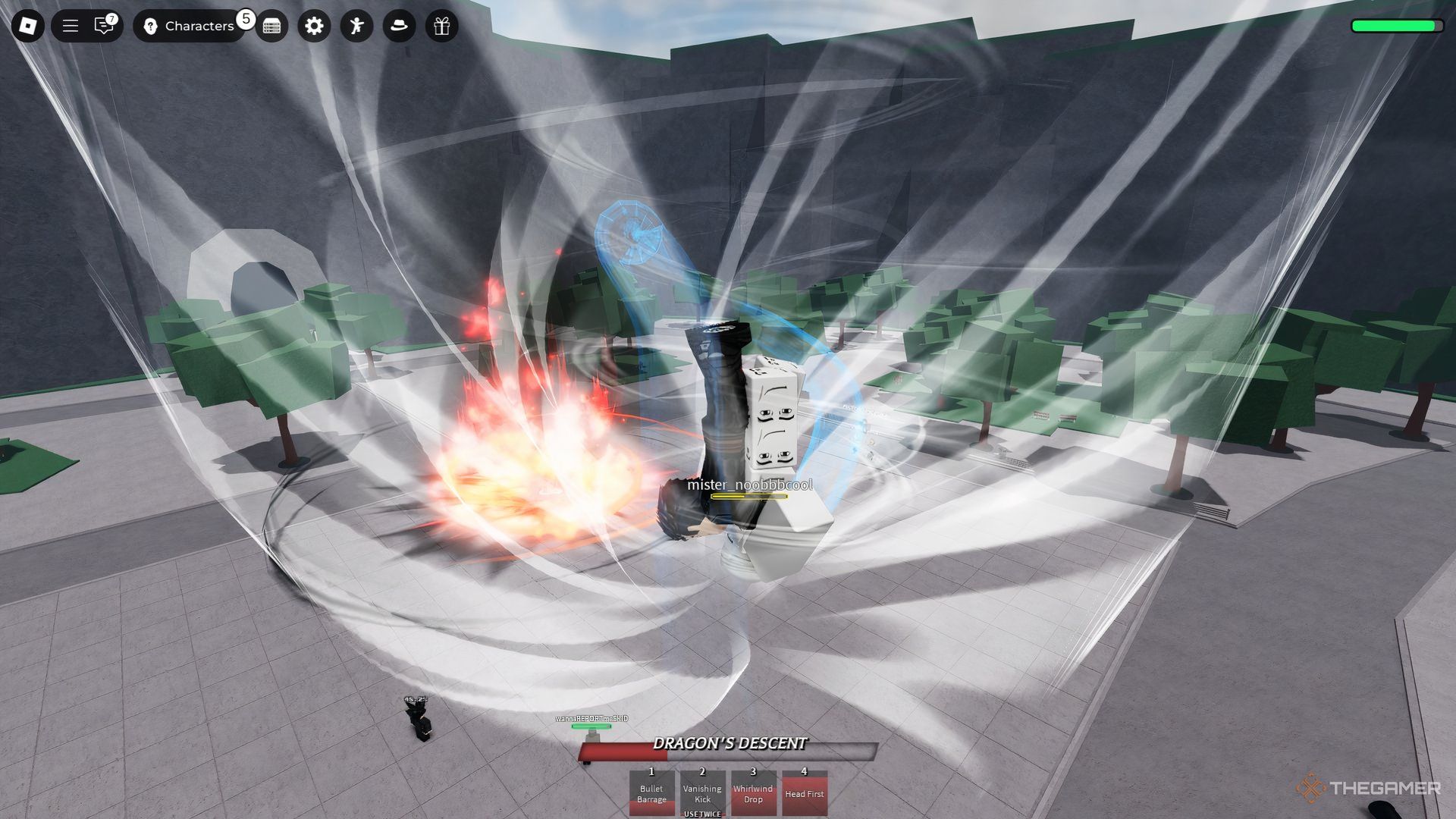 Мастер Боевых Искусств выполняет спиральную атаку на противнике в Roblox The Strongest Battlegrounds.