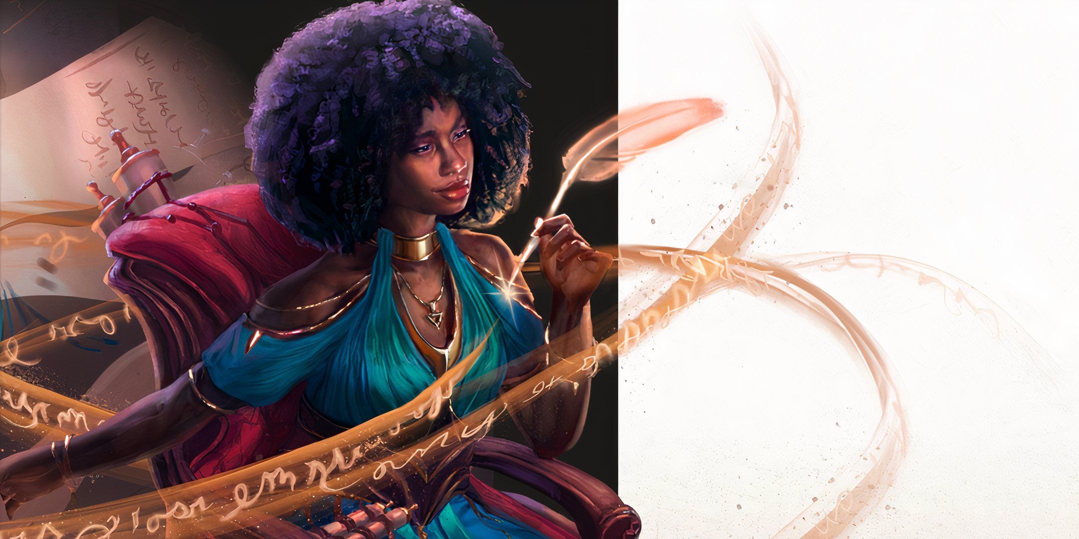 A Bard performs magic by writing spells in the air from the TTRPG Daggerheart.