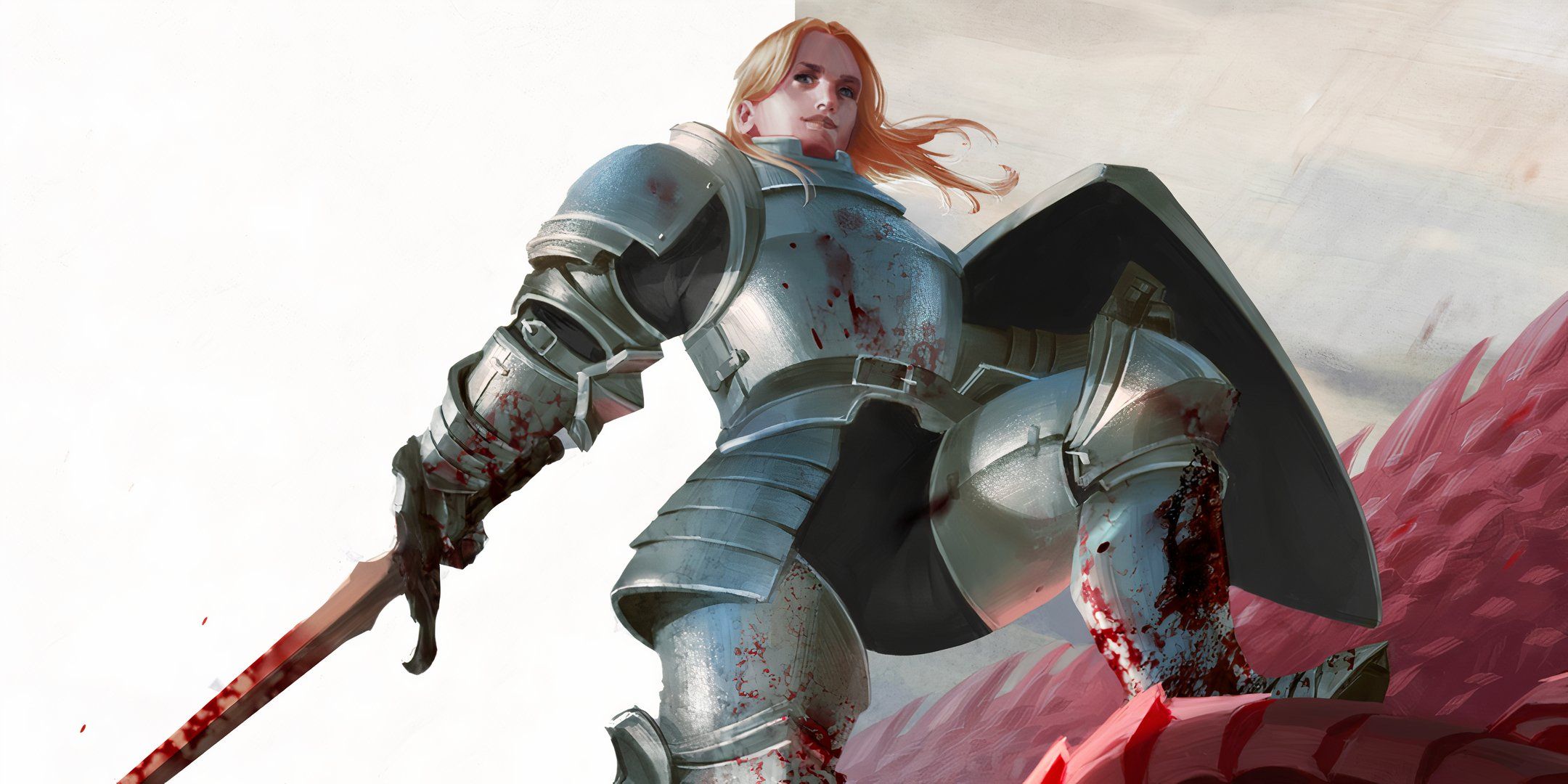 A Warrior with a bloody swords stands atop a defeated Dragon from the TTRPG Daggerheart.