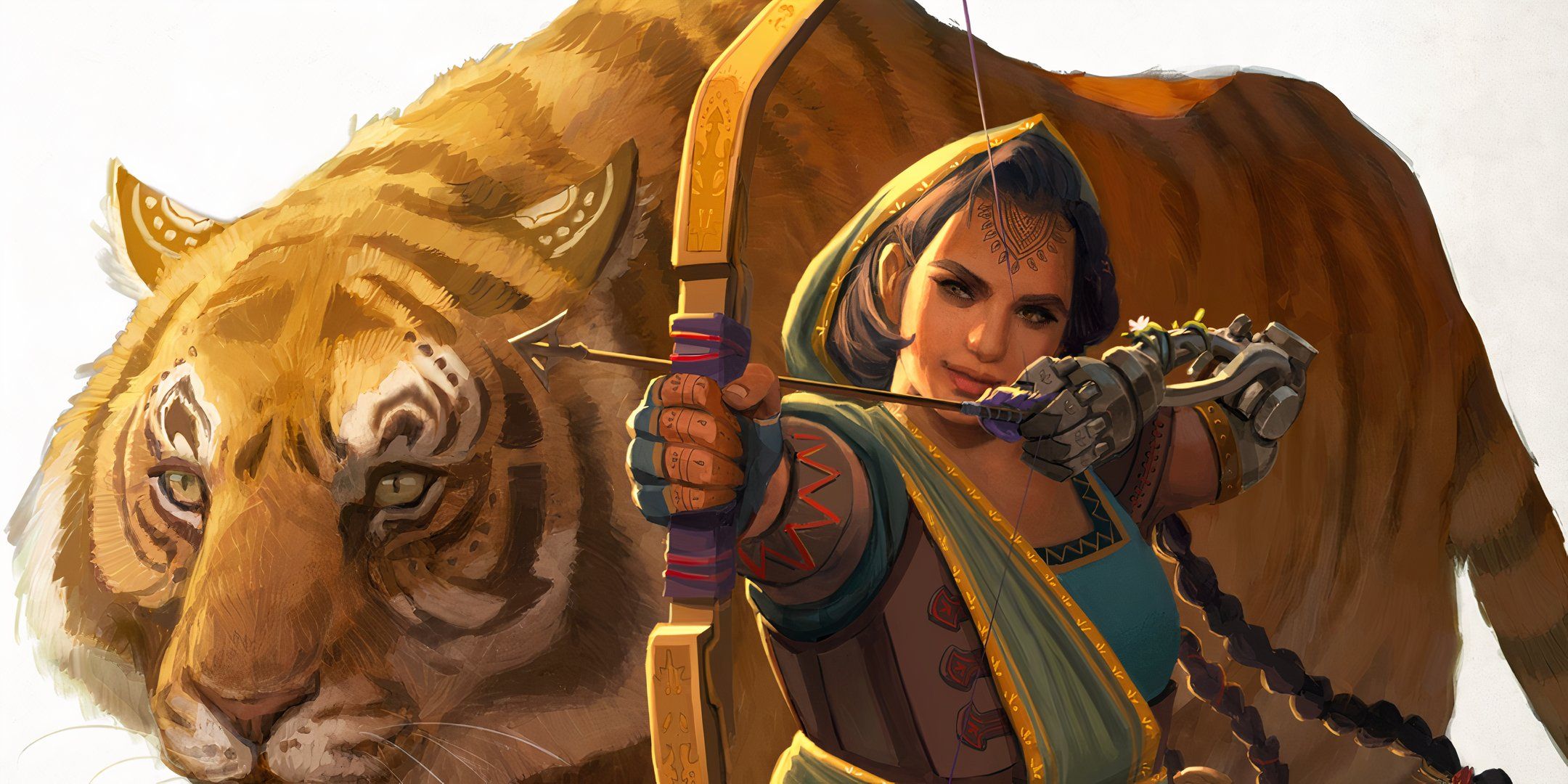 A Ranger readies their bow with their Tiger companion behind them from the TTRPG Daggerheart.