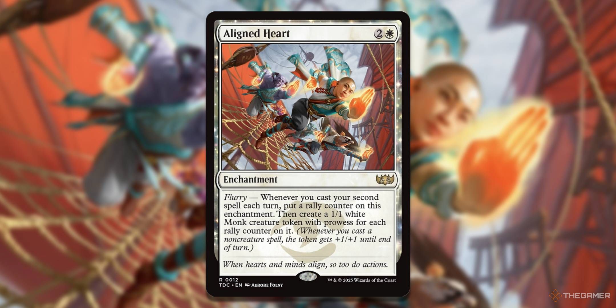 MTG Aligned Heart card with the art in the background.