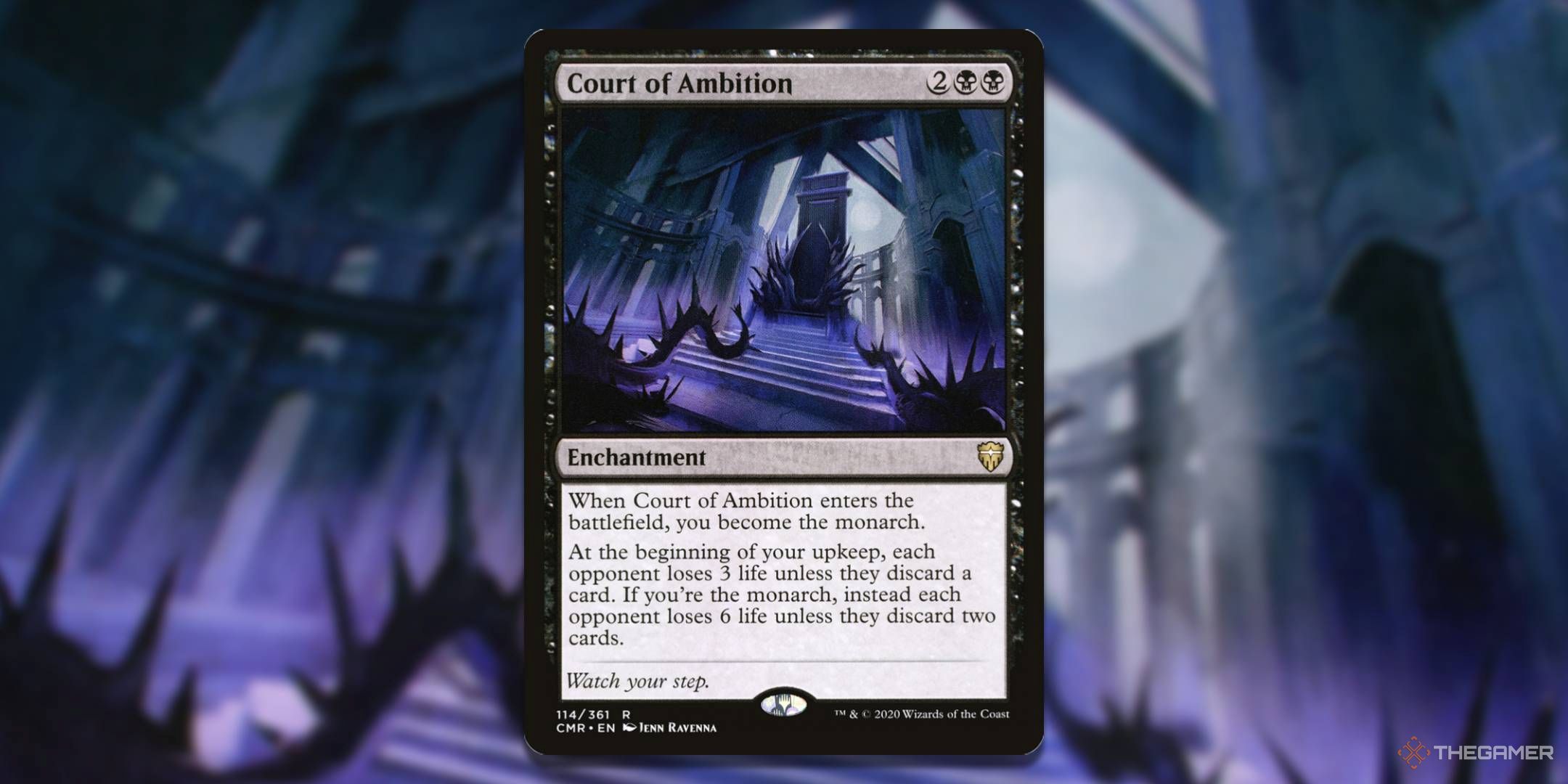 MTG Court of Ambition card with the art in the background.