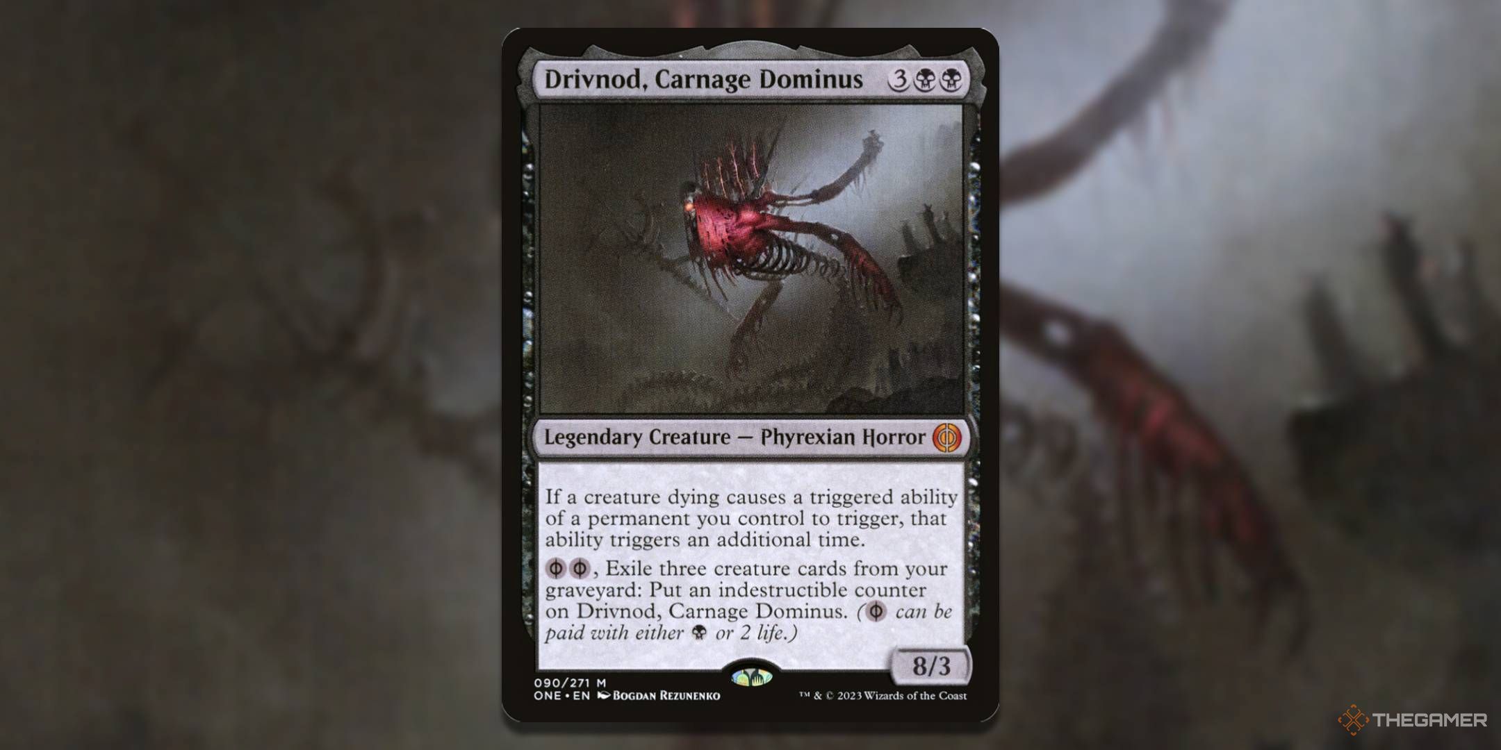 MTG Drivnod, Carnage Dominus card with the art in the background.