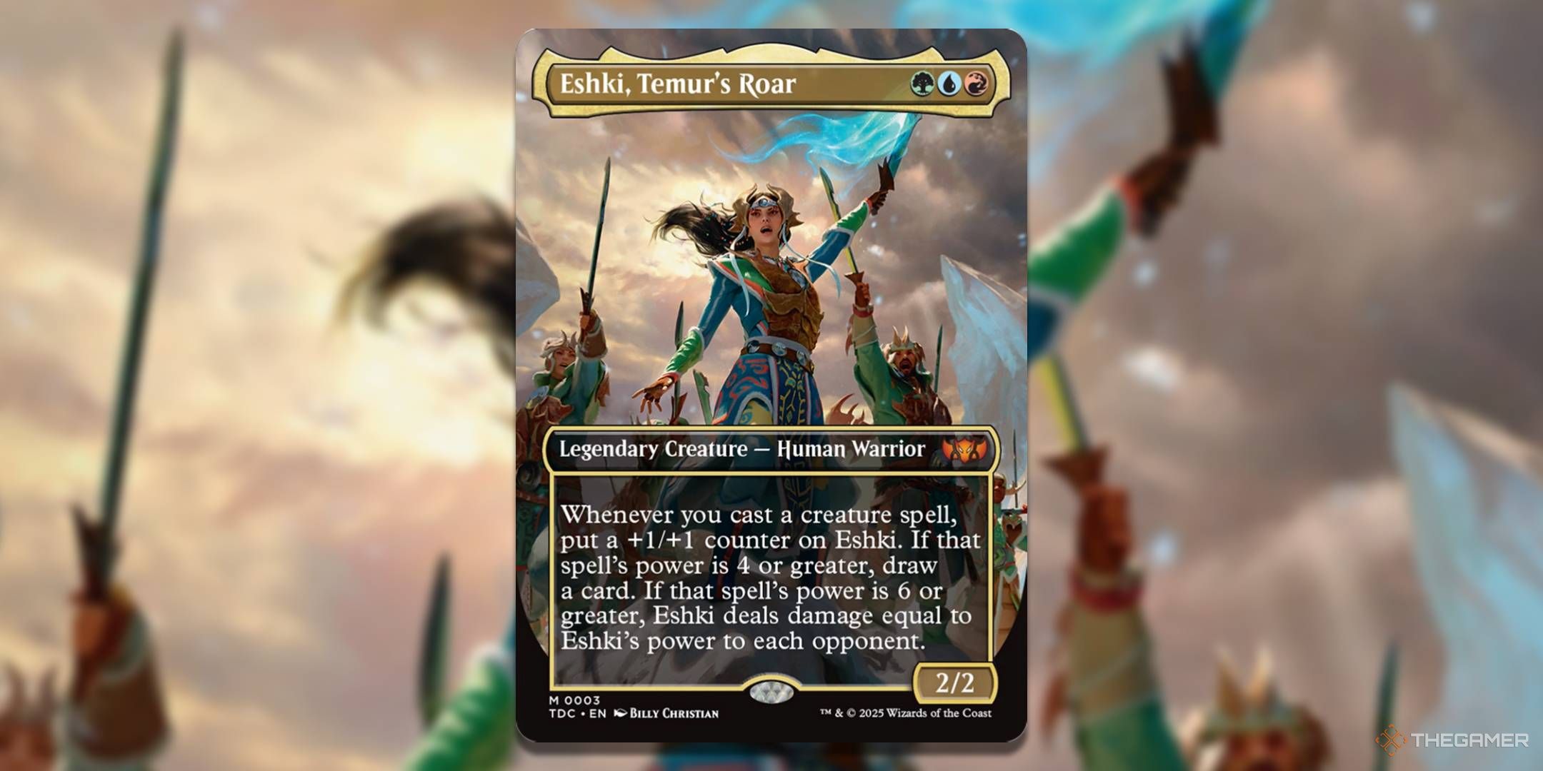 MTG Eshki, Temur's Roar card with the art in the background.