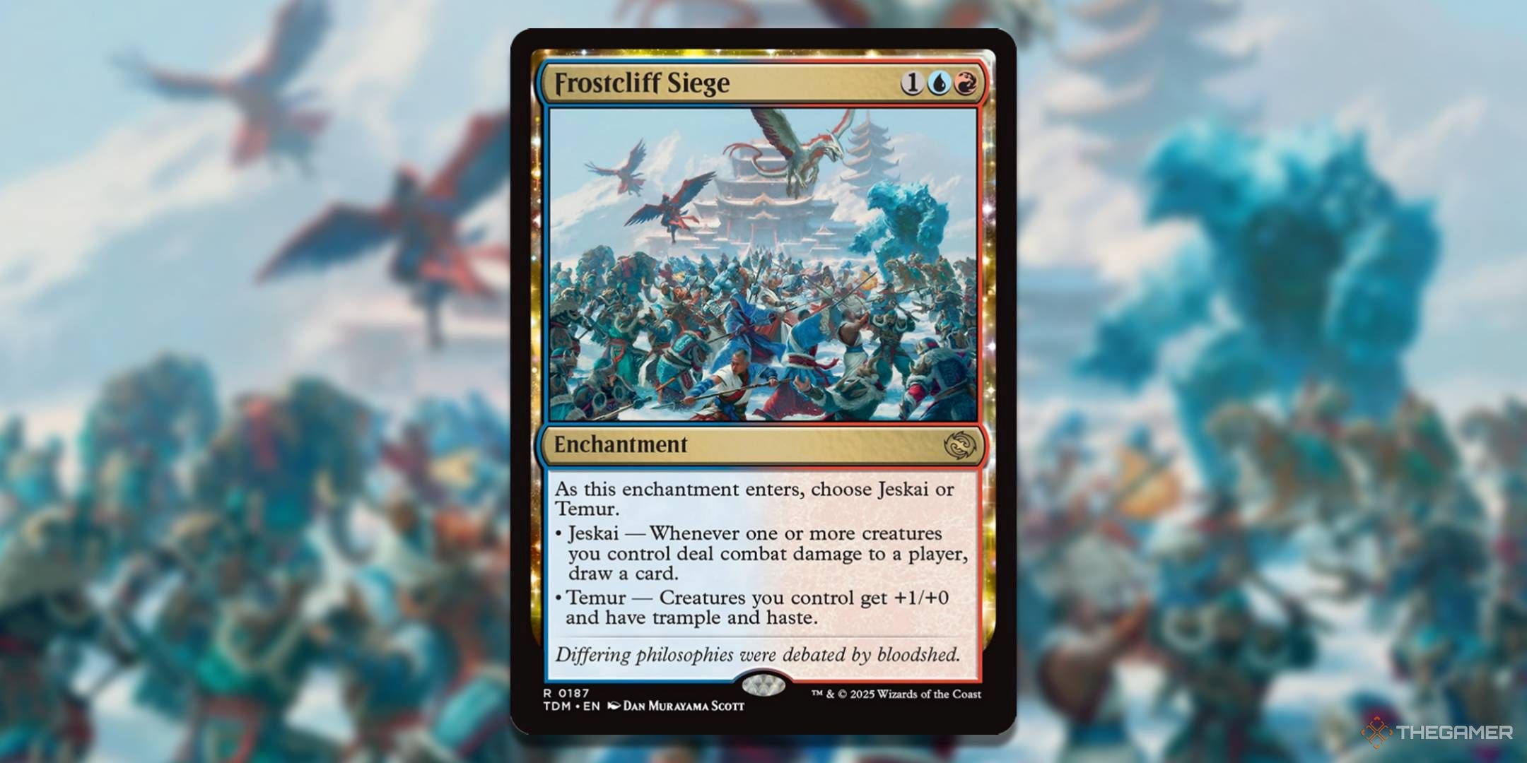 MTG Frostcliff Siege card with the art in the background.