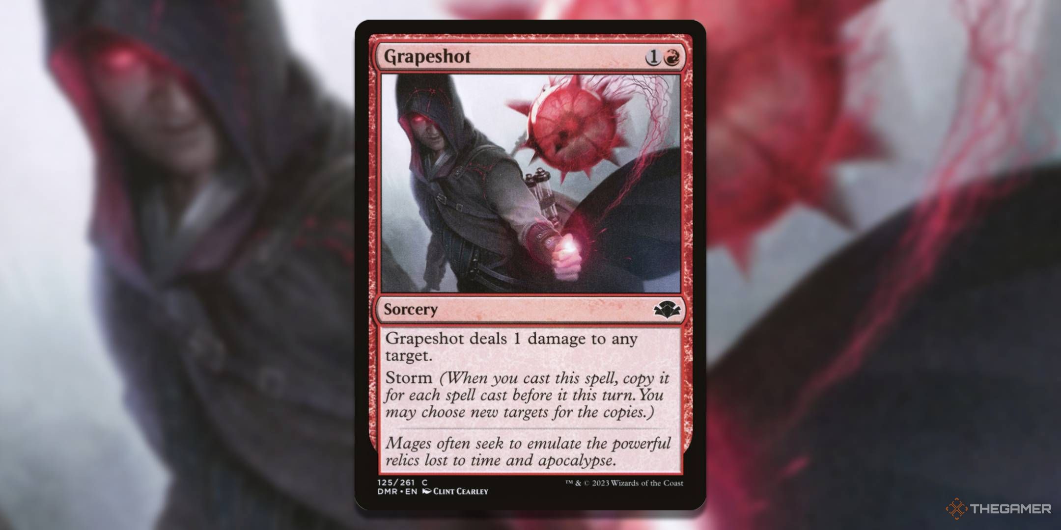 MTG Grapeshot card with the art in the background.