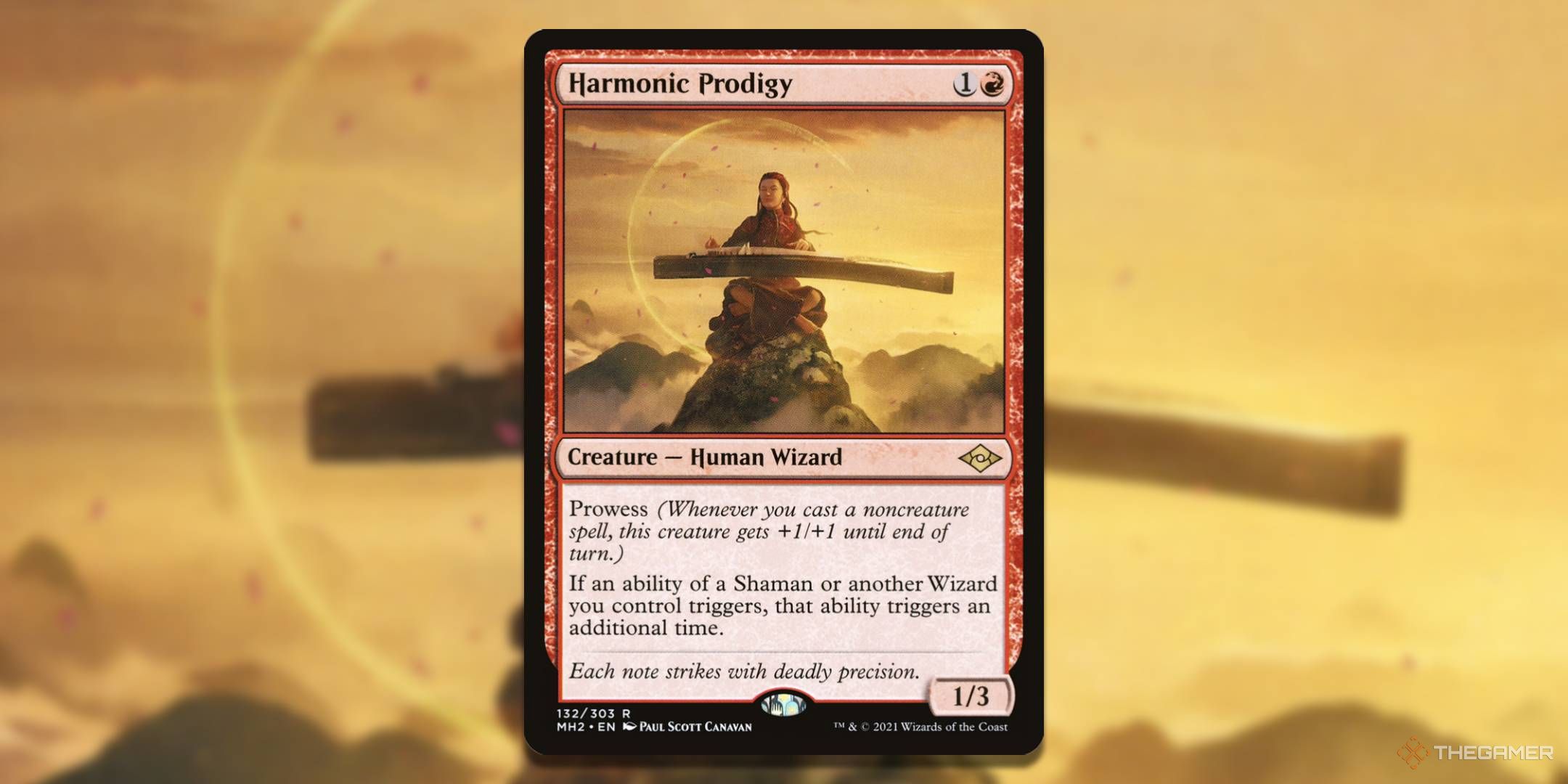 MTG Harmonic Prodigy card with the art in the background.
