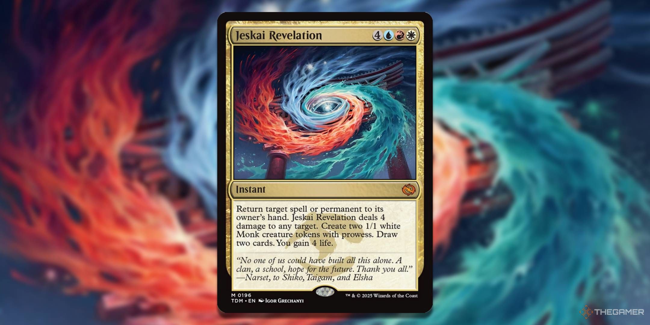 MTG Jeskai Revelation card with the art in the background.