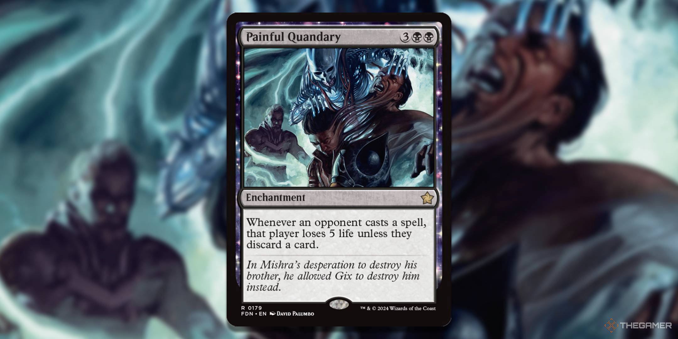 MTG Painful Quandary card with the art in the background.