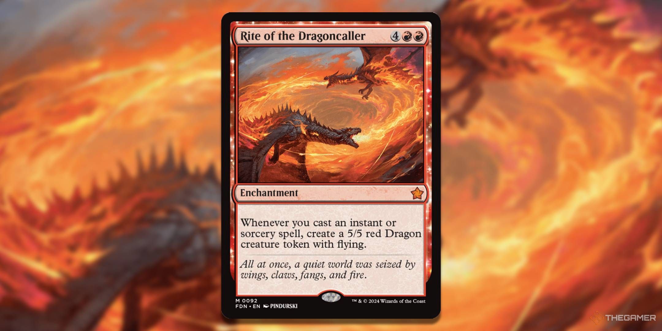 MTG Rite of the Dragoncaller card with the art in the background.